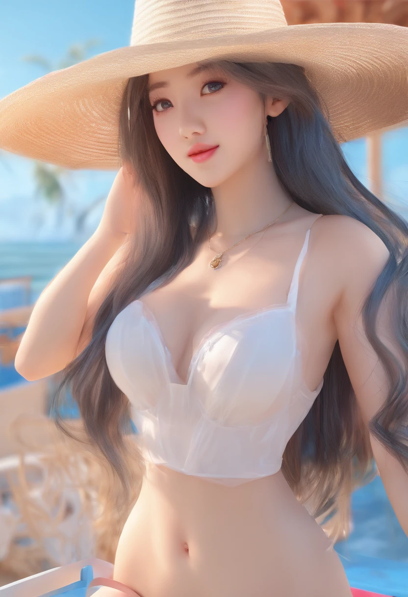 Asian Women、Cute face like a model、Popular faces that are trending now、huge tit、large full breasts、Close-up image、Wearing a white bra、peach、blue-sky、The background is the sea、Blonde Girl、Sharp image、Resolution up