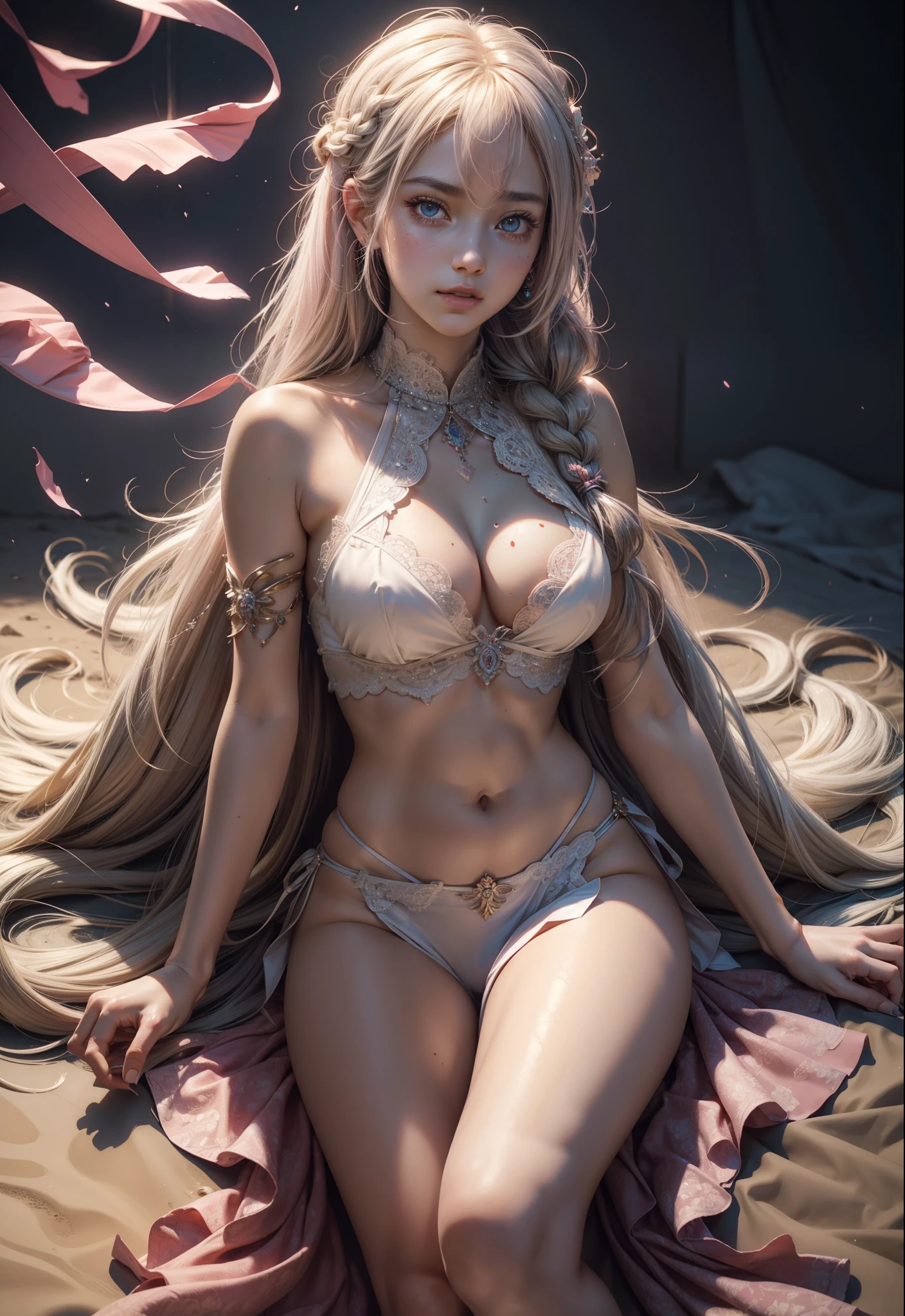 rosy pink color, shibuya, hatsuneMiku, (ultra Realistic), ( illustration), (High res), (8K), (highly detailed), (the best illustration), (Beautiful Detailed Eyes), (best Quality), (Super Detailed), (Master peace), (Wallpapers), (Detailed Face), solo, 1 girl, solo girl, disheveled aristocratic dress, White hair, Iris heterochromatic eyes, small moles under eye, medium chest, Long legs, Stunning composition, Foot braids, Beautiful and detailed legs, belly button expose, exposed cleavage, shining thighs, shining legs, showing a delicate slim figure and graceful curves,