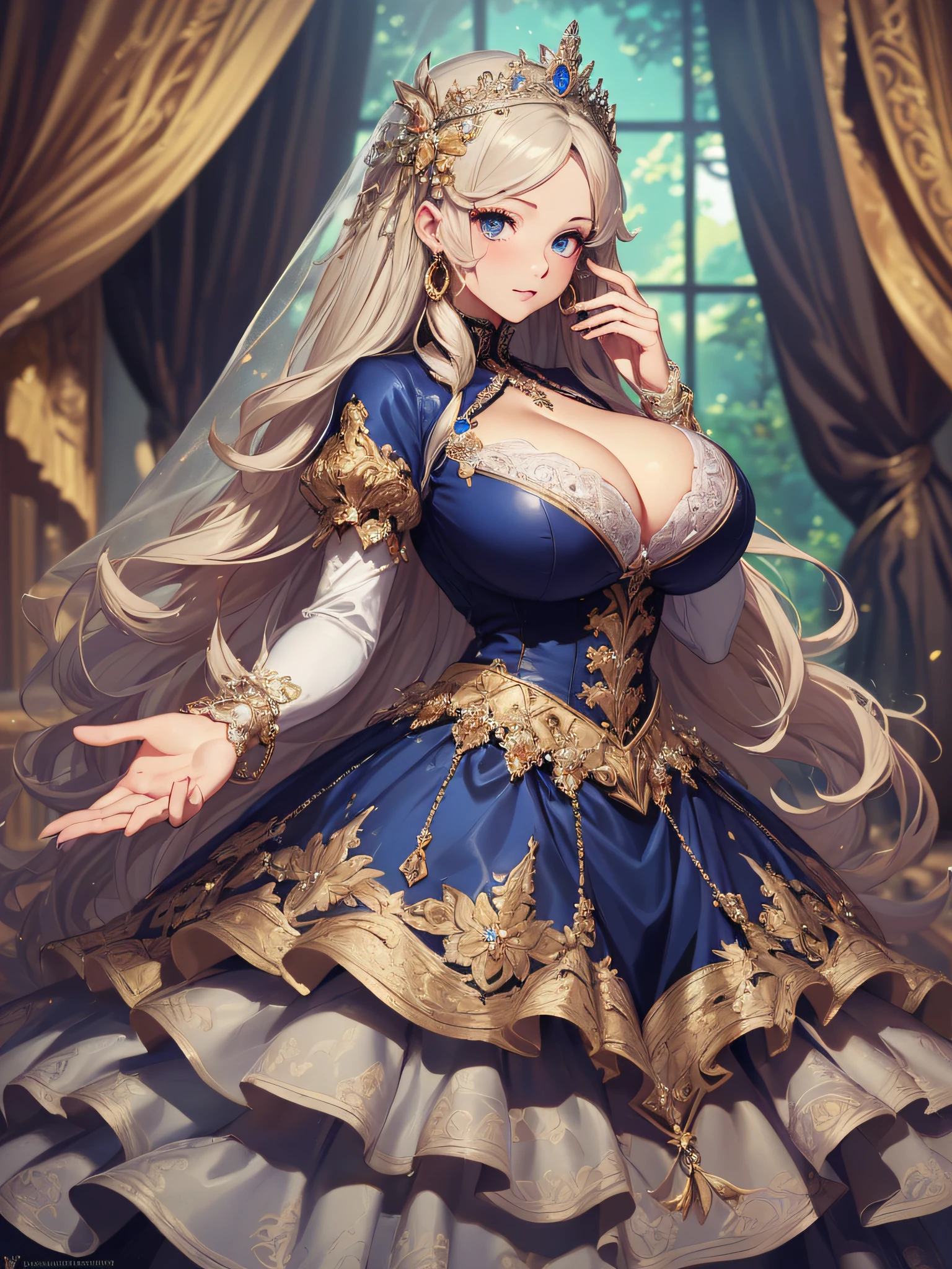 ((anime artstyle)),(Masterpiece),(Best Quality), (Super Detail),((Very Delicate and Beautiful)),cinematic lighting,1 lady,((full body portrait)),((solo)),digital art,(((1 princess in beautiful embroidery and jeweled gorgeous princess rococo ballgown with voluminous full length hoop skirt))),crinoline,long train,((beautiful embroidery and jeweled)),voluminous frills,See-through,(gorgeous embroidery and beautiful lace),(((gigantic tits,skindentation,gigantic cleavage breasts))),cleavage,((large amount of straight hair,extremely voluminous Hair,Very Long Straight Hair)),((finely detailed face and eyes)),clear pupil,((((extremely gorgeousfull hair ornament)))),(bling-bling jeweled extremely gorgeousfull tiara),(bling-bling gorgeous gemstone jewelry),long veil,(beautiful background),(full body),((gorgeous princess rococo ballgown with voluminous full length hoop skirt))