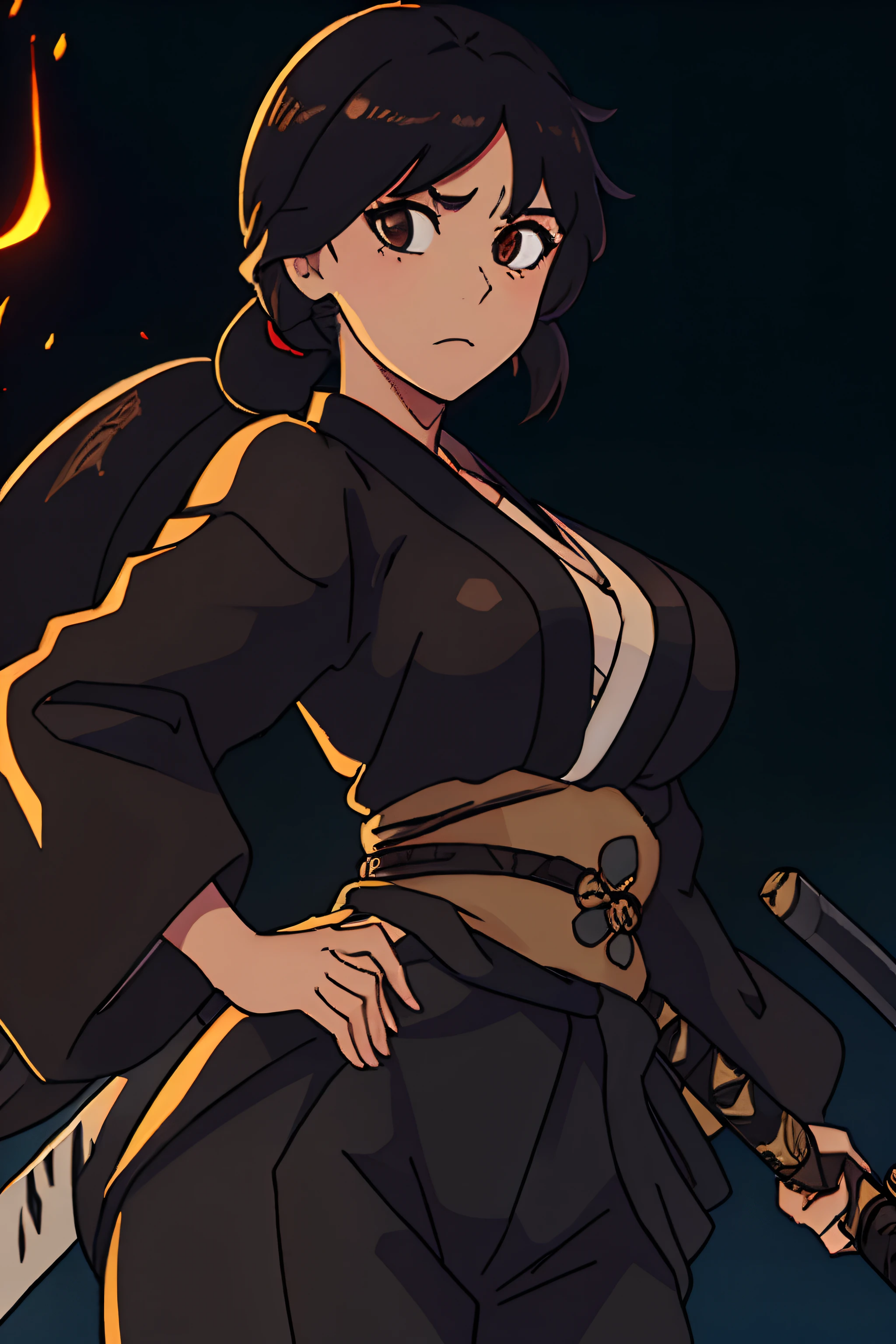 black kimono, shinigami, large breasts, brown hair, large twintails, neutral expression, katana on hip, cowboy shot, detailed, brown eyes, (((dark skin)))