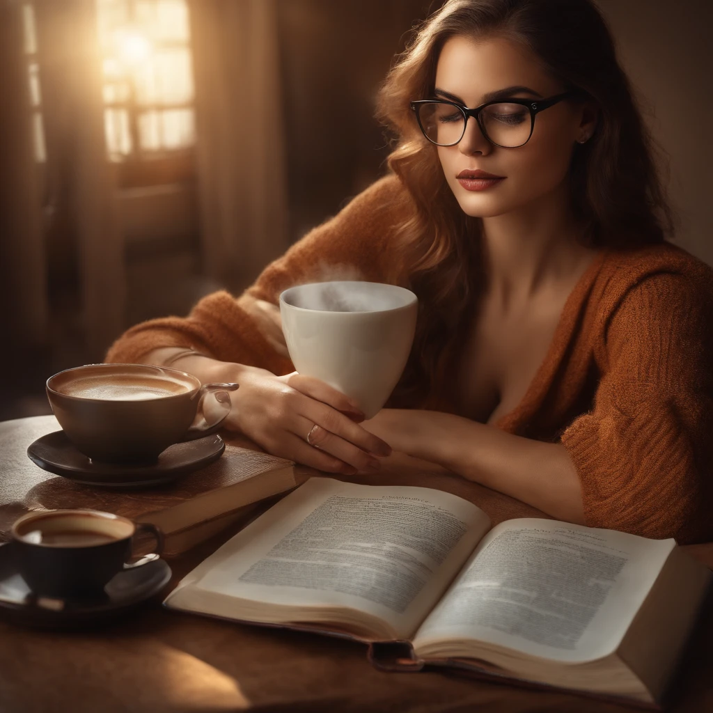 jovem mulher, ruiva, bespectacled, sentada numa escrivaninha, perto de uma janela, lendo um livro, cup of coffee on the left, luz do sol batendo no livro, 2560 x 1440 pixels