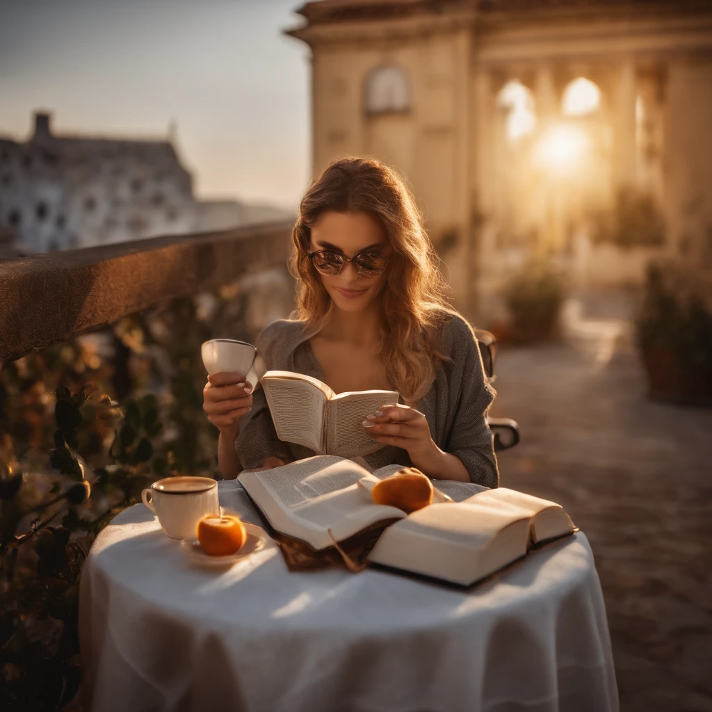 jovem mulher, ruiva, bespectacled, sentada numa escrivaninha, perto de uma janela, lendo um livro, cup of coffee on the left, luz do sol batendo no livro, 2560 x 1440 pixels