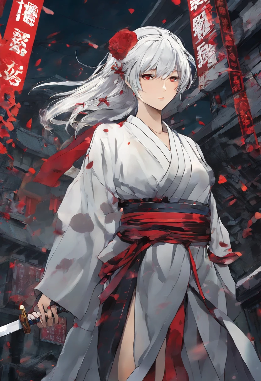 ((dramatic)) girl, japan goddes of war, one handed holding divine katana, slicing enemy pose, bloodstain on her face, dark night, broken building and post apocalyptic japan ((broken building)), godly fantasy aura, stand on top of tall building, looking at her enemy, night, wear kimono, edgy, short hair, dominant white red black, beautiful eyes, long skirt kimono, white hair, with serious expression, killer instinct face