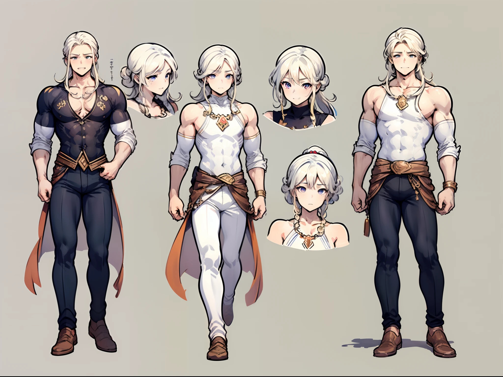 ((Masterpiece, Highest quality)), Detailed face, character design sheet， full bodyesbian, Full of details, body front view, body back view, Highly detailed, Depth, Many parts, Muscle boy with blonde long ponytail hair，handsome man, muscle body, outfit male gods, man tall