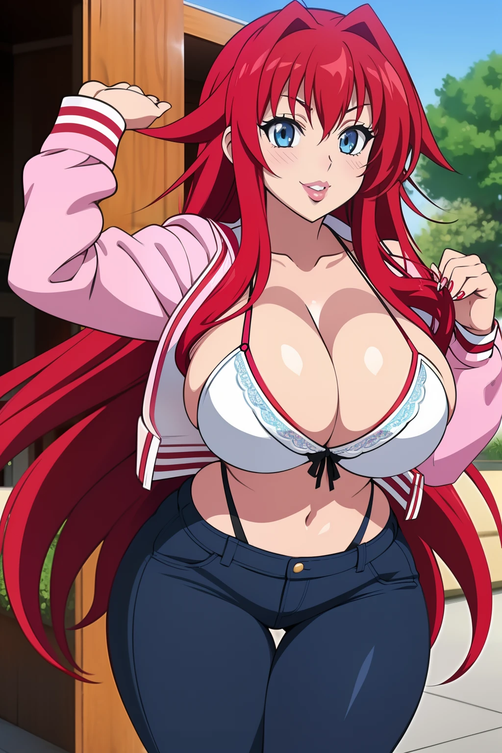 Highschool dxd, Rias Gremory,1girl, (((bimbo))), long red hair , blue eyes, ear rings, (((bimbo))), puffy lips, painted lips, thick lips, smile face, wide hips, thick thighs, blue jeans, white bra, bomber jacket, cleavage, school, posing,