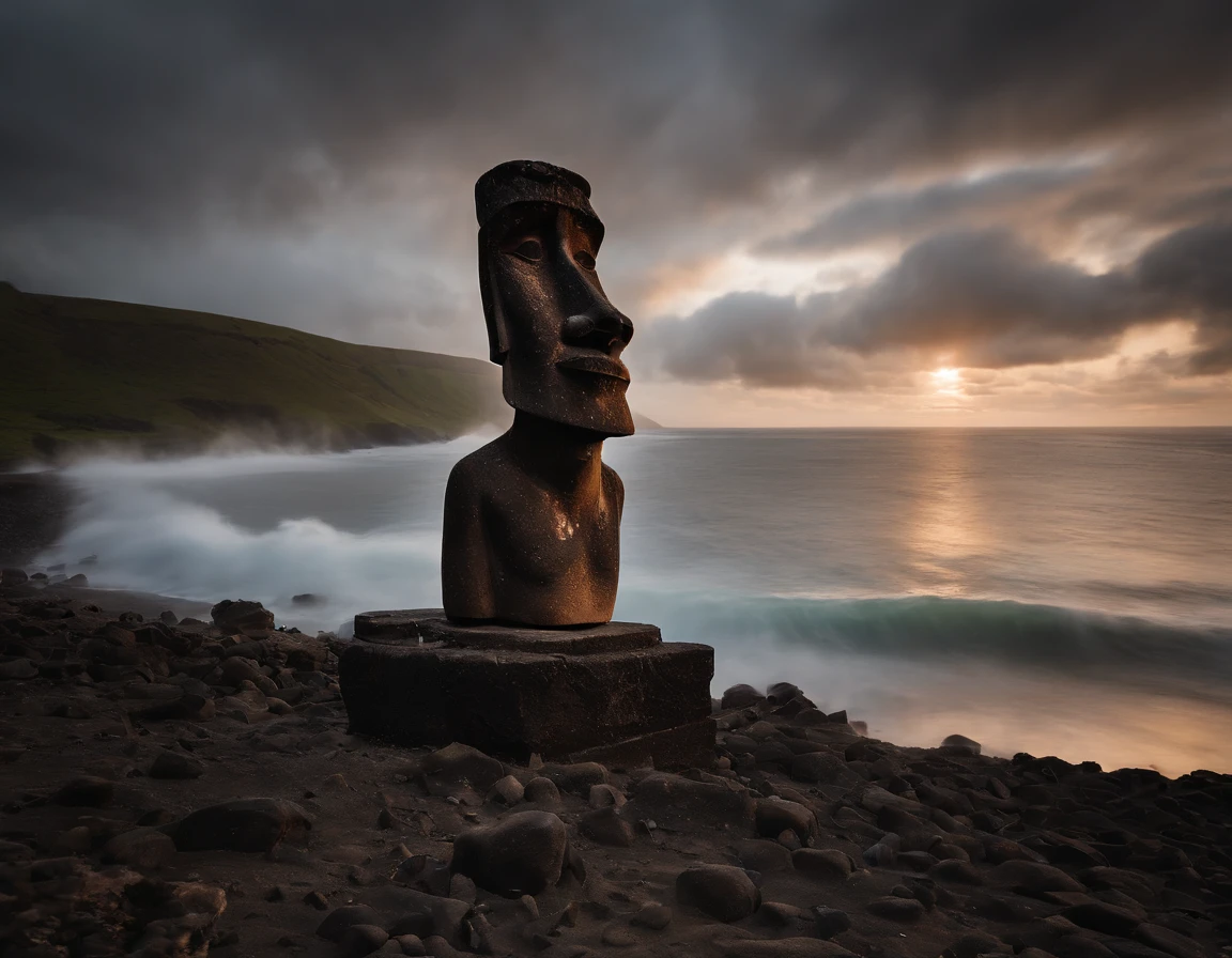An extremely beautiful photo of a Moai in Easter Island, by the shores of the Pacific Ocean, sunset, candle lights on, dramatic lighting, magnificent aura, amazing views, stunning skies, spectacular full moon, ethereal environment.