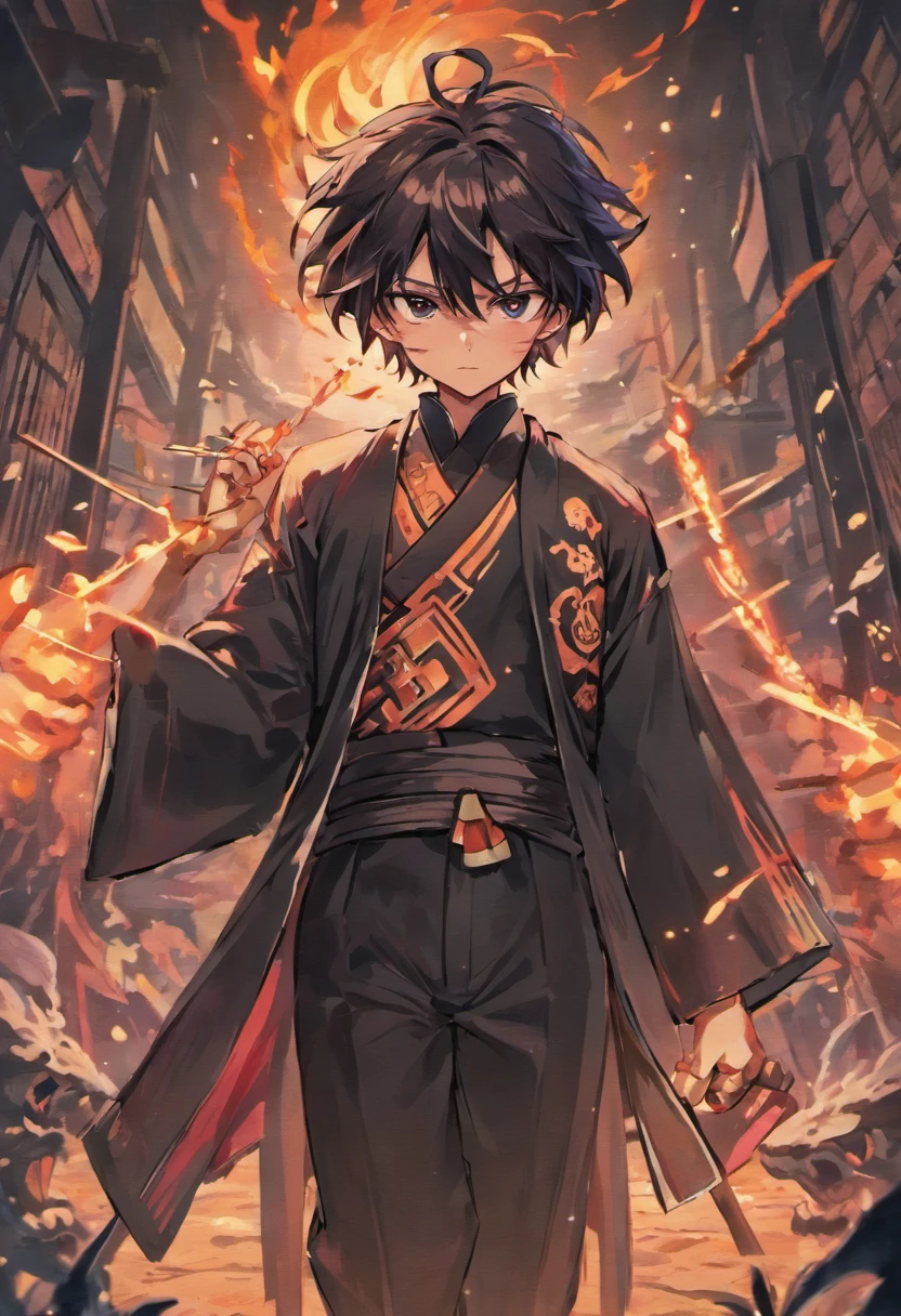 Approximately 20 years after the feudal era, A samurai with a katana emanating a black aura facing several monsters ready to attack him. Kimetsu no estilo yaiba, demon killer uniform, 1boy, foco masculino, skin black ,cicatriz no rosto, arma, cicatriz, brincos, dentes, joias, Slacks, cicatriz na testa, cabelo pretoo, cinto, black trousers, roupas japonesas, haori, haori roxo, solo, olhos roxos, mangas longas, anime coloring, (((obra-prima)), rosto feliz, void, espada japonesa,