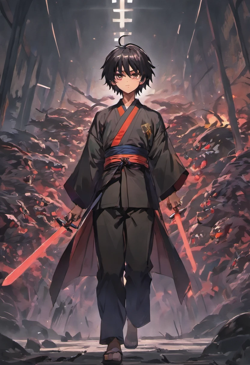 Approximately 20 years after the feudal era, A samurai with a katana emanating a black aura facing several monsters ready to attack him. Kimetsu no estilo yaiba, demon killer uniform, 1boy, foco masculino, skin black ,cicatriz no rosto, arma, cicatriz, brincos, dentes, joias, Slacks, cicatriz na testa, cabelo pretoo, cinto, black trousers, roupas japonesas, haori, haori roxo, solo, olhos roxos, mangas longas, anime coloring, (((obra-prima)), rosto feliz, void, espada japonesa,