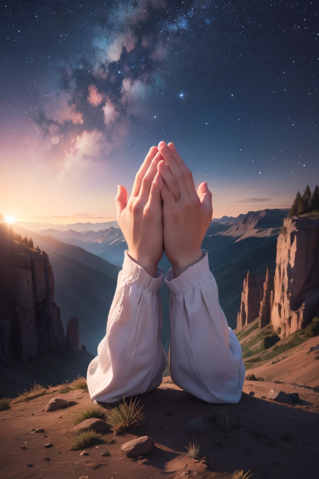 Praying hands with stars in the landscape
