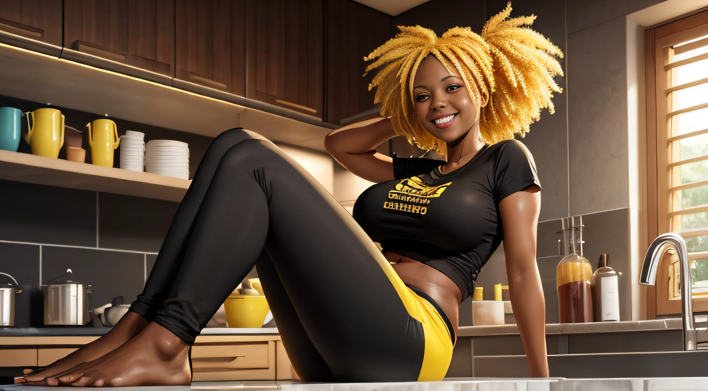 very huge breasts, dark skin, yellow hair, black power hair, full body image, one woman, Happy smile, realistic hands, realistic face, realistic tooth, realistic feet, realistic face, kitchen, wet t-shirt, black legging, red tennis.