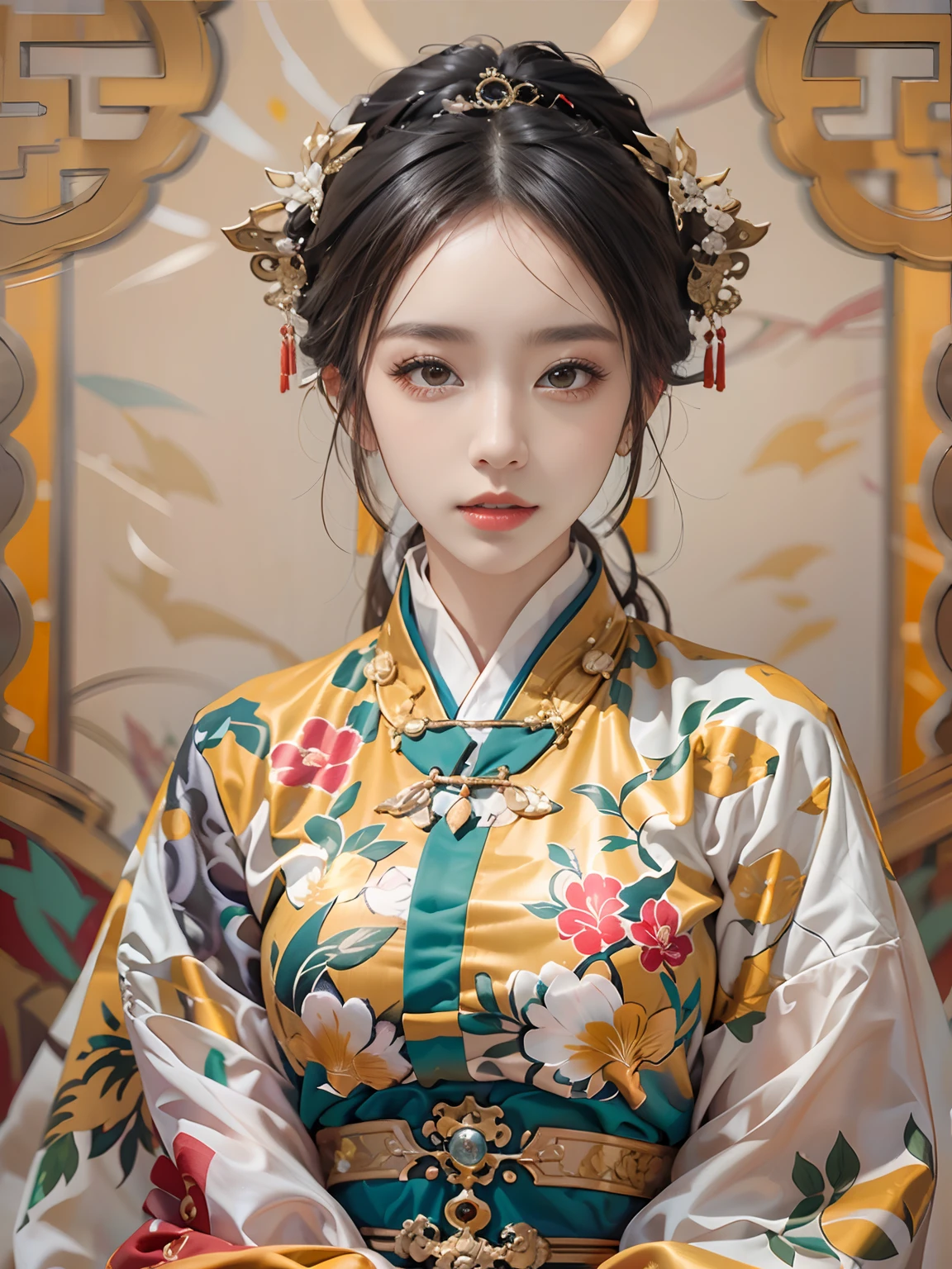 (The best quality), ((Obra maestra)), China, (1girl), solamente, Cara detallada y realista, hermosos ojos y labios detallados, long eyeslashes, rasgos faciales expresivos, Ming Dynasty, Traje antiguo chino, vestido blanco y amarillo, Hermosa chica, (cuerpo completo), Vestimenta detallada, JJAE, 8k, 4k, UHD, Depth and dimension, the background is a wall with a majestic mosaic modeled with typical ornaments of the Ming dynasty, Profundidad de campo, fondo difuso,