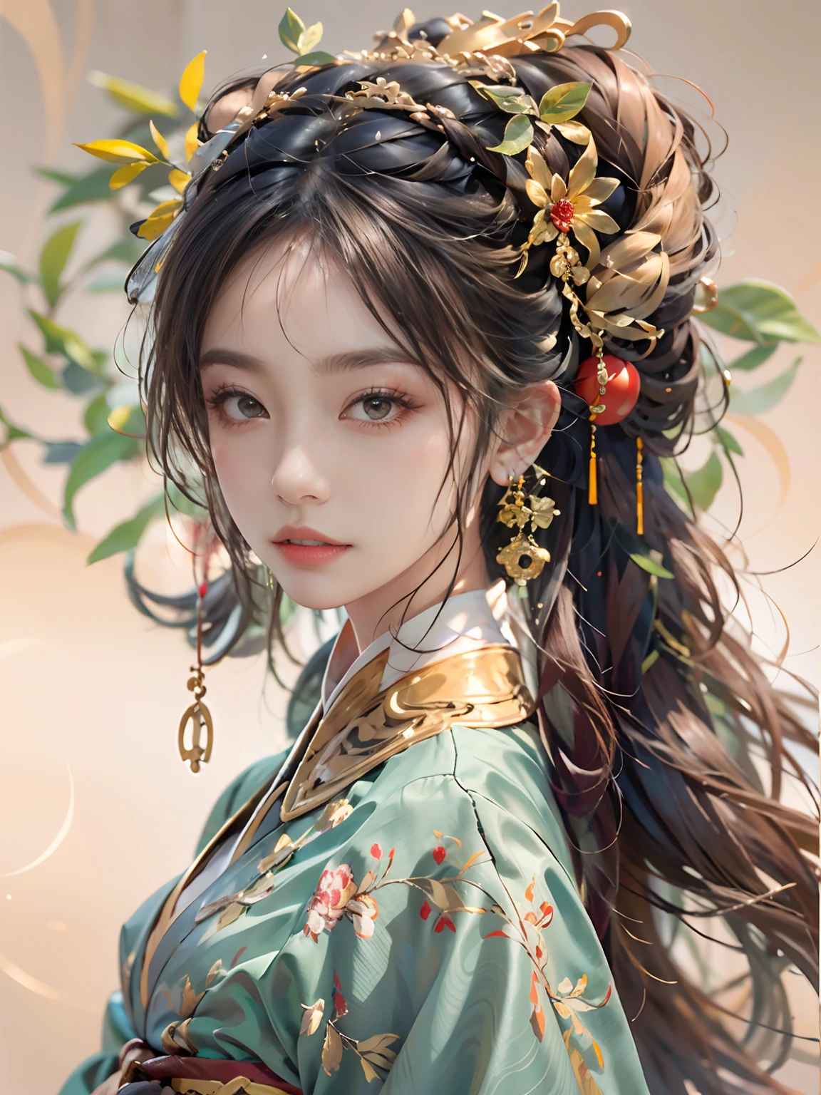 (The best quality), ((Obra maestra)), China, (1girl), solamente, Cara detallada y realista, hermosos ojos y labios detallados, long eyeslashes, rasgos faciales expresivos, Ming Dynasty, Traje antiguo chino, vestido blanco y amarillo, Hermosa chica, (cuerpo completo), Vestimenta detallada, JJAE, 8k, 4k, UHD, Depth and dimension, the background is a wall with a majestic mosaic modeled with typical ornaments of the Ming dynasty, Profundidad de campo, fondo difuso,