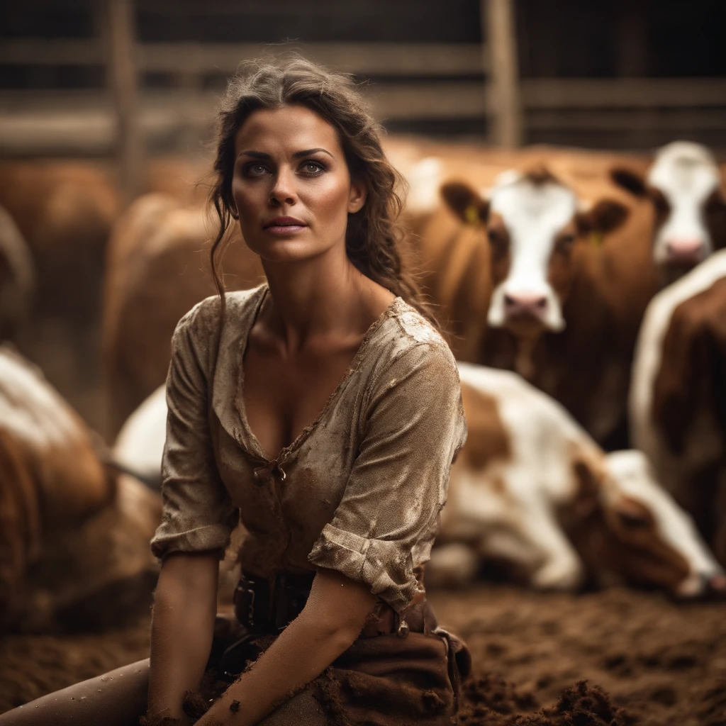 (realistic woman at the scary rodeo covered in cow and human feces)
(best quality, ultra-detailed, realistic:1.37), HDR, studio lighting, extreme detail description, professional, vivid colors, dirty rodeo arena, terrified expression, realistic texture, detailed hair and skin, brown and earthy tones, dramatic lighting.