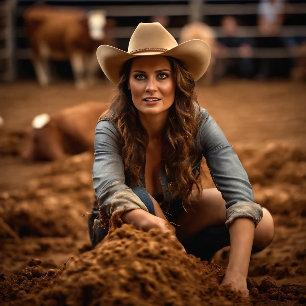 (realistic woman at the scary rodeo covered in cow and human feces)
(best quality, ultra-detailed, realistic:1.37), HDR, studio lighting, extreme detail description, professional, vivid colors, dirty rodeo arena, terrified expression, realistic texture, detailed hair and skin, brown and earthy tones, dramatic lighting.