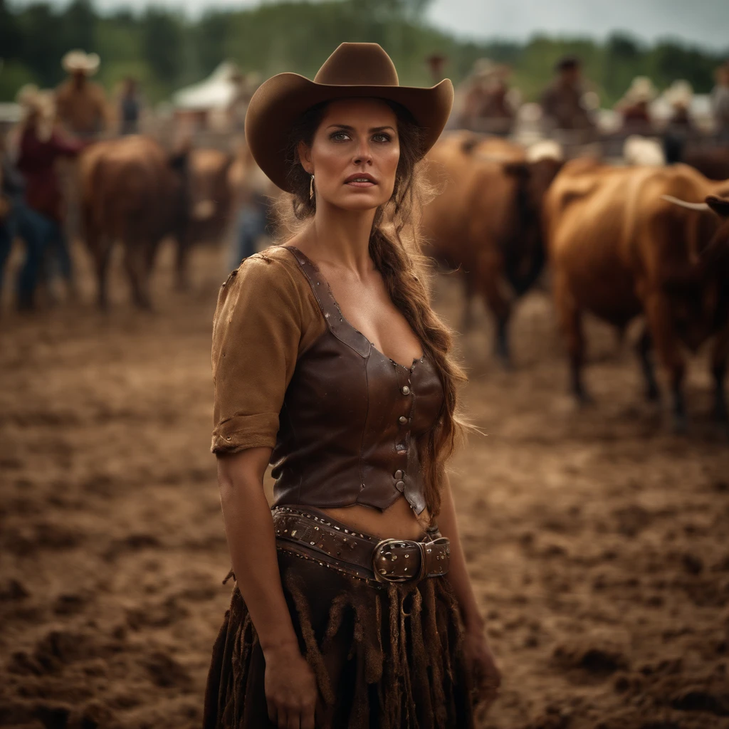 (realistic woman at the scary rodeo covered in cow and human feces) 

(best quality, ultra-detailed, realistic:1.37), HDR, studio lighting, extreme detail description, professional, vivid colors, dirty rodeo arena, terrified expression, realistic texture, detailed hair and skin, brown and earthy tones, dramatic lighting.