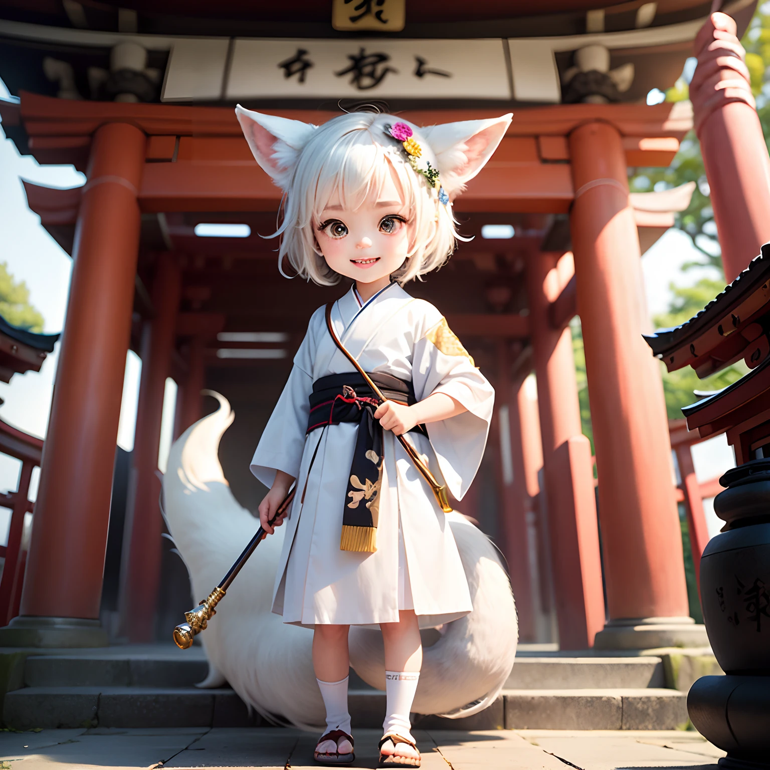 masterpiece、top-quality、ultra-detailliert、(Chibi White Fox's Daughter:1.2)、White Wraith、Cosplay、Holding a richly decorated baton with jewels in his hand、Open your mouth and smile、Standing、Torii gate of Itsukushima Shrine、