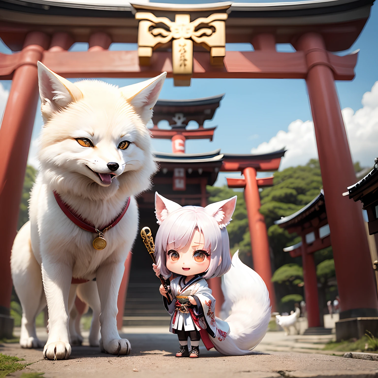 masterpiece、top-quality、ultra-detailliert、(Chibi White Fox's Daughter:1.2)、White Wraith、Cosplay、Holding a richly decorated baton with jewels in his hands、Open your mouth and smile、Standing、Torii gate of Itsukushima Shrine、
