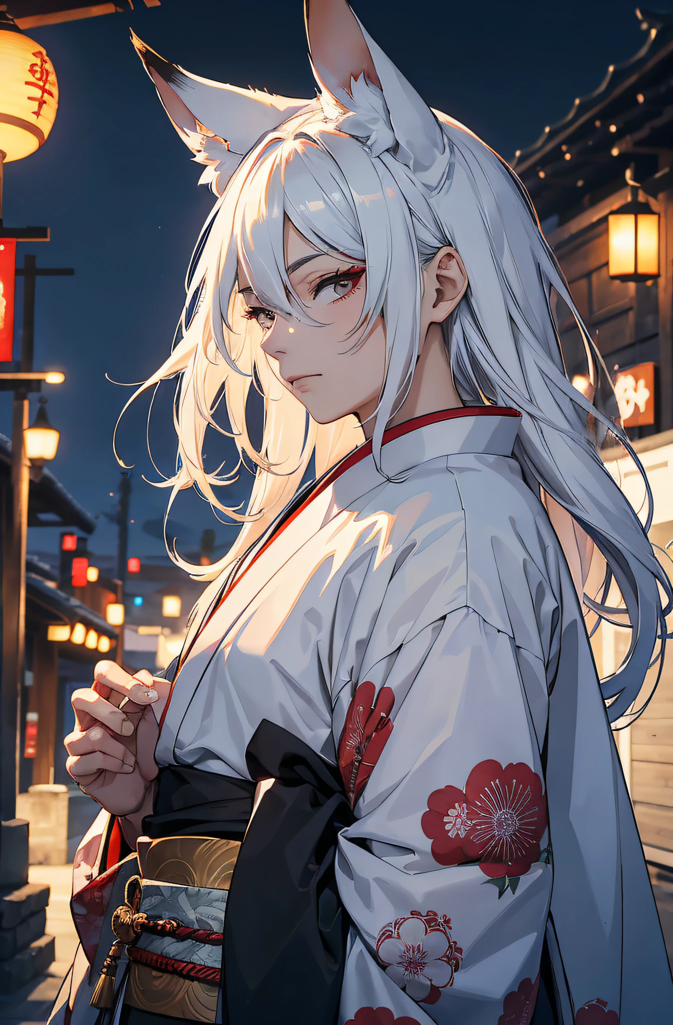 ((Ein Mann)), (masculine) Japanische Kitsune-Maske, Japanischer Kimono, Long white hair, Perfektes Gesicht, Festival im Hintergrund, Filmische Beleuchtung, Depth of field, Leuchtendes Licht, Raytracing, Reflexionslicht, Nahaufnahme, Meisterwerk, Meisterwerk, High quality, best quality, Hohe Detailgenauigkeit, ccurate, anatomisch korrekt, Strukturierte Haut, UHD, hight resolution, 1080p