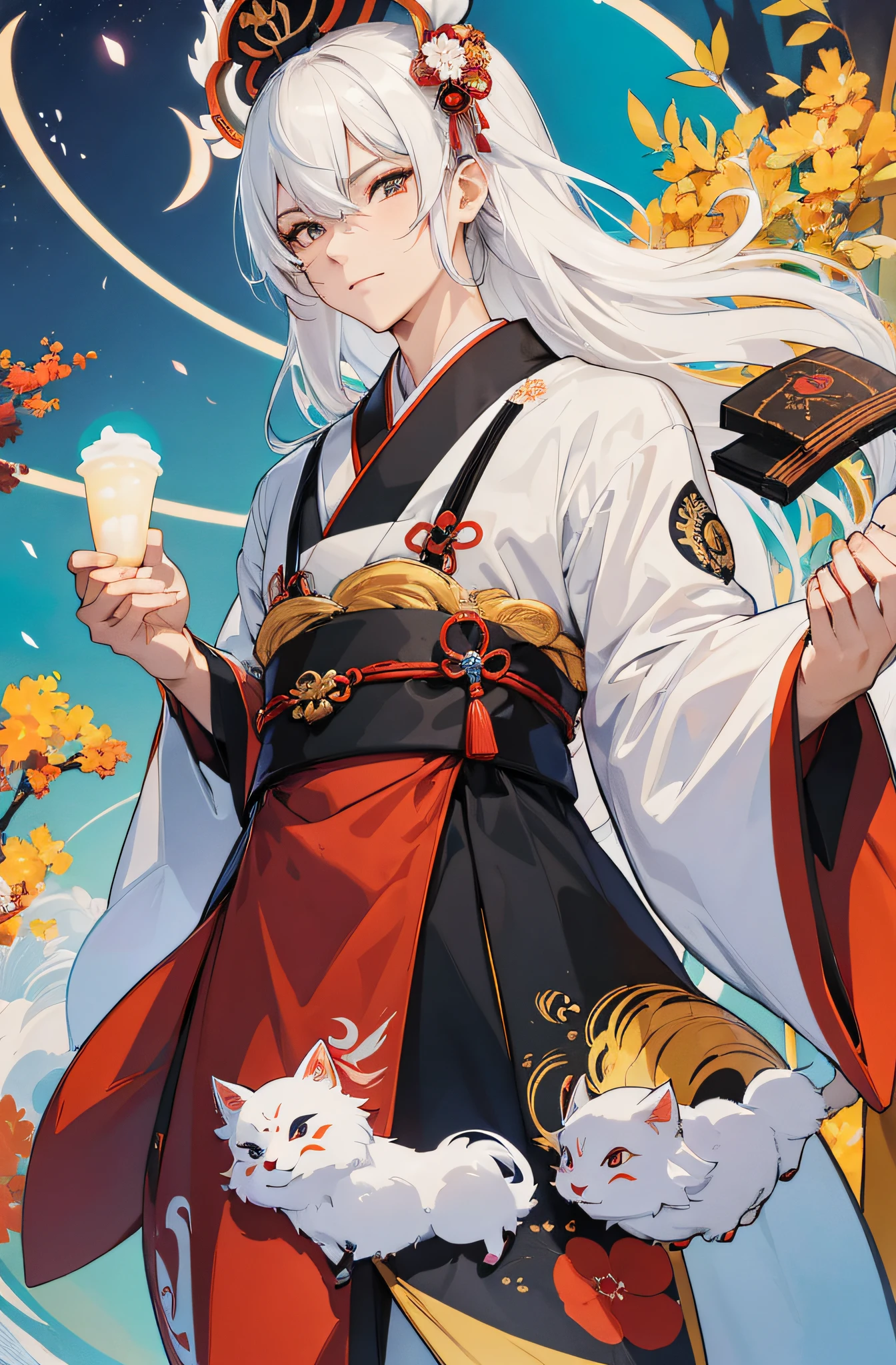((Ein Mann)), (masculine) Japanische Kitsune-Maske, Japanischer Kimono, Long white hair, Perfektes Gesicht, Festival im Hintergrund, Filmische Beleuchtung, Depth of field, Leuchtendes Licht, Raytracing, Reflexionslicht, Nahaufnahme, Meisterwerk, Meisterwerk, High quality, best quality, Hohe Detailgenauigkeit, ccurate, anatomisch korrekt, Strukturierte Haut, UHD, hight resolution, 1080p