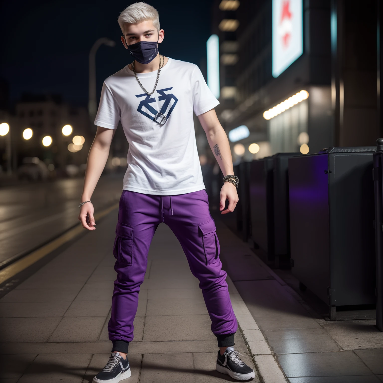 male, (((16yo), dead inside, purple cargo pants, full body view, city, background blur, chromatic aberration, bokeh, skinny body, white hair, ultra realistic, HQ, 8k, square masculine caucassian face, plaid shirt, mask, chainlet