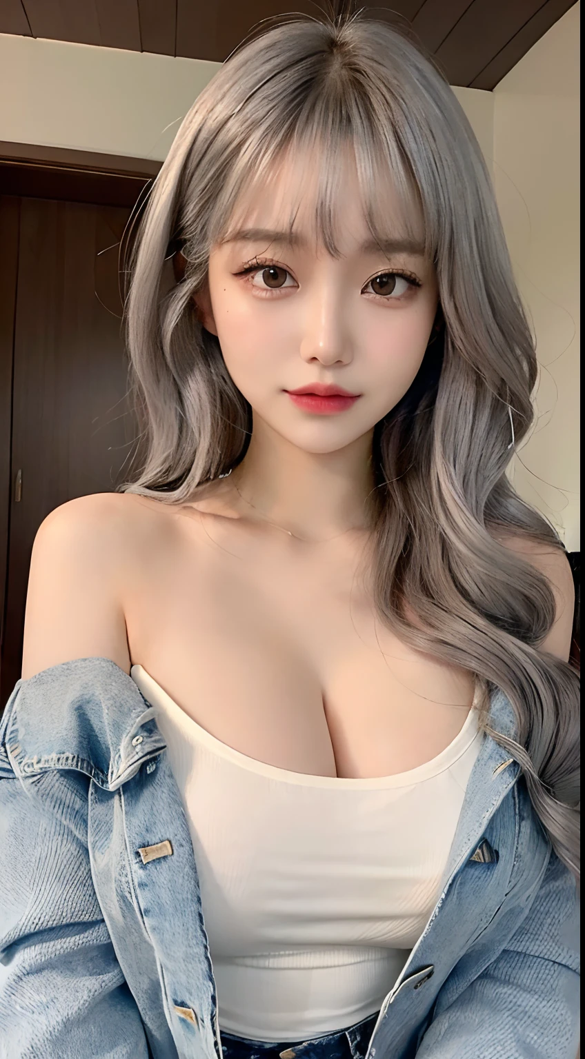 (8K:1,5),Light brown fringed hair mixed with silver、disheveled hair、Light brown eyes、(dignified expression)、(爆乳:1.4)、Emphasize the valley、(Photorealsitic)、Shadow、(The face of the golden ratio:1.2)、(intricate detailes:1.2)、(masterpiece、:1.3)、(top-quality:1.4)、(超A high resolution:1.2)、超A high resolution、(A detailed eye)、(Detailed ears)、(Detailed eyebrows)、(Detailed mouth)、(detailed facial features)、((Silver necklace))、Luxury Night Bar,(School uniform:1.2),(gals:1.2),(White shirt:1.3),((cleavage,Unbuttoned):1.2),