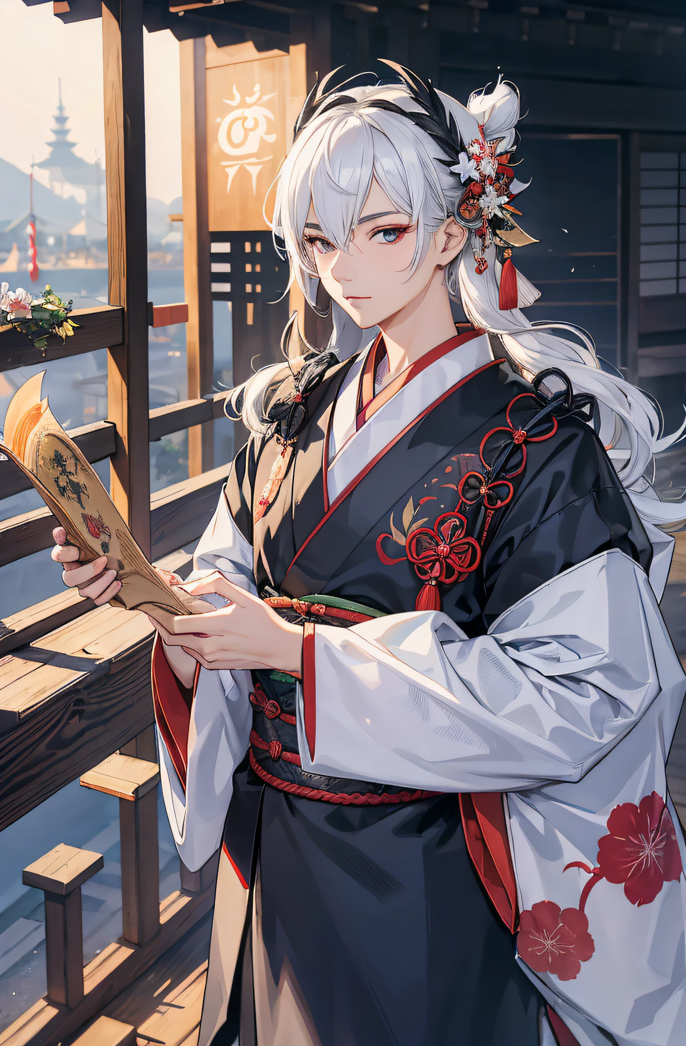 ((Ein Mann)), (masculine) Japanische Kitsune-Maske, Japanischer Kimono, Long white hair, Perfektes Gesicht, Festival im Hintergrund, Filmische Beleuchtung, Depth of field, Leuchtendes Licht, Raytracing, Reflexionslicht, Nahaufnahme, Meisterwerk, Meisterwerk, High quality, best quality, Hohe Detailgenauigkeit, ccurate, anatomisch korrekt, Strukturierte Haut, UHD, hight resolution, 1080p