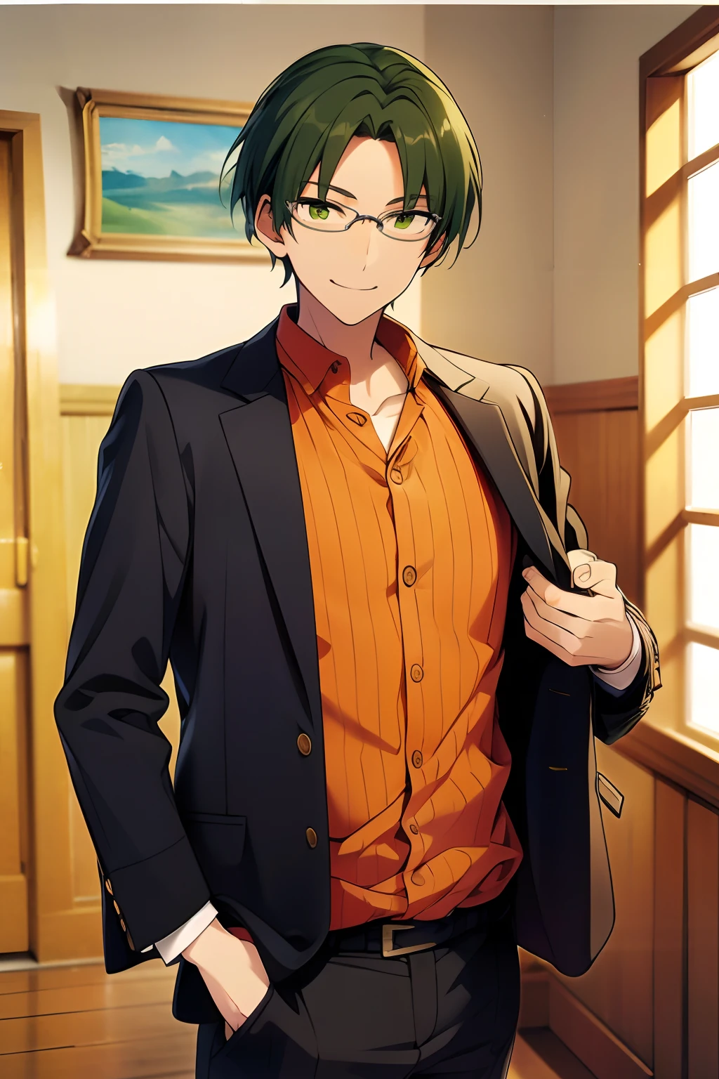 ((highres, absurdres, perfect, official art, masterpiece)), keito, solo, looking at viewer, smile, shirt, long sleeves, 1boy, cowboy shot, jacket, male focus, pants, indoors, black jacket, striped shirt, orange shirt, collared shirt, perfect anatomy