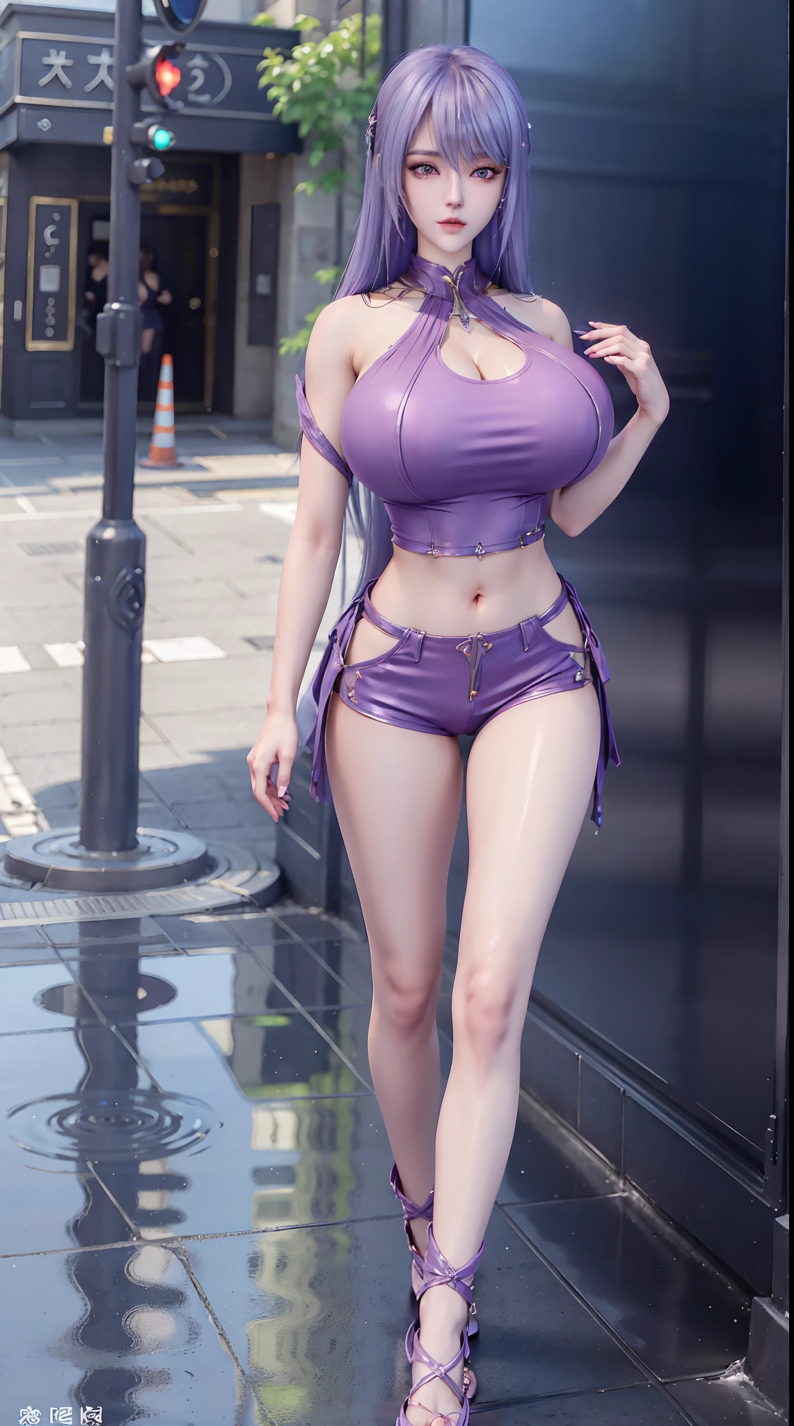 physically-based rendering, (1girl:1), Female, She inherits her counterpart's long silver hair and violet eyes, but looks more mature, She is described as being extremely beautiful and had everything that a woman could dream of. She had exquisite beauty and an alluring figure, (huge fake breasts:1.3), street, sexy muscular body, muscle abs, slim waist, big buttocks, (Full body:1.3), walking, skintight hotpants, wearing wet crop top tank top.