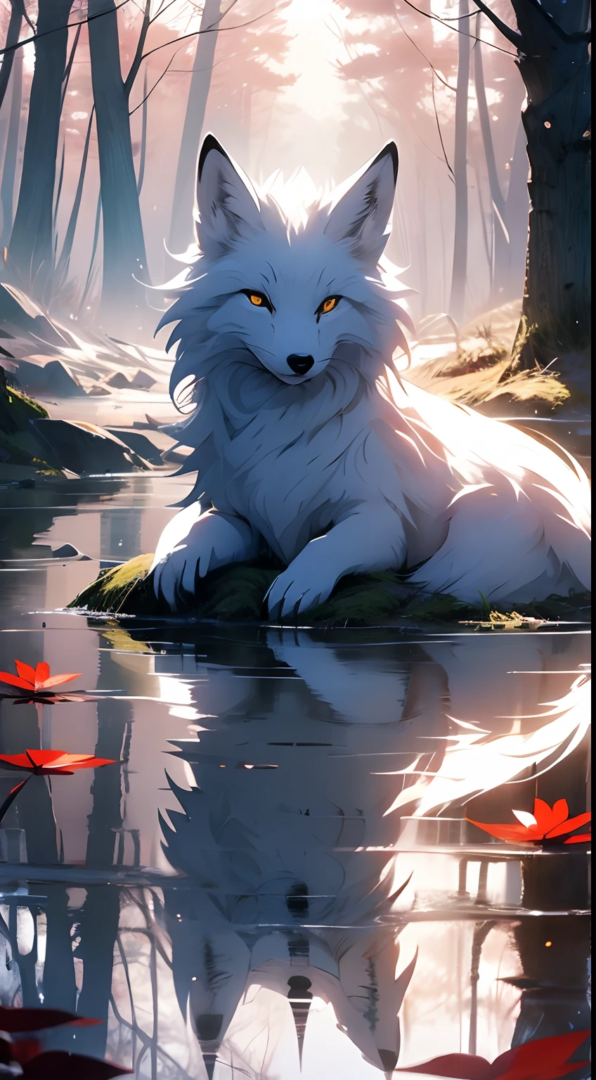 (masterpiece), best quality, a gorgeous white fox in a dark florest, river, red leafs, snow, cold, reflection, trees, muss, leafs, fog, mediaval fantasy, dark fantasy style, beautiful , four paws, 4k, intricate, detailed, epic, gorgeous, ultrarealistic, amazing view, breath taking view, contrast, white and red, artistic
BREAK a white fox in the edge of a river, the image transmit and dangerous vibe, a beautiful creature, the trees had read leafs,