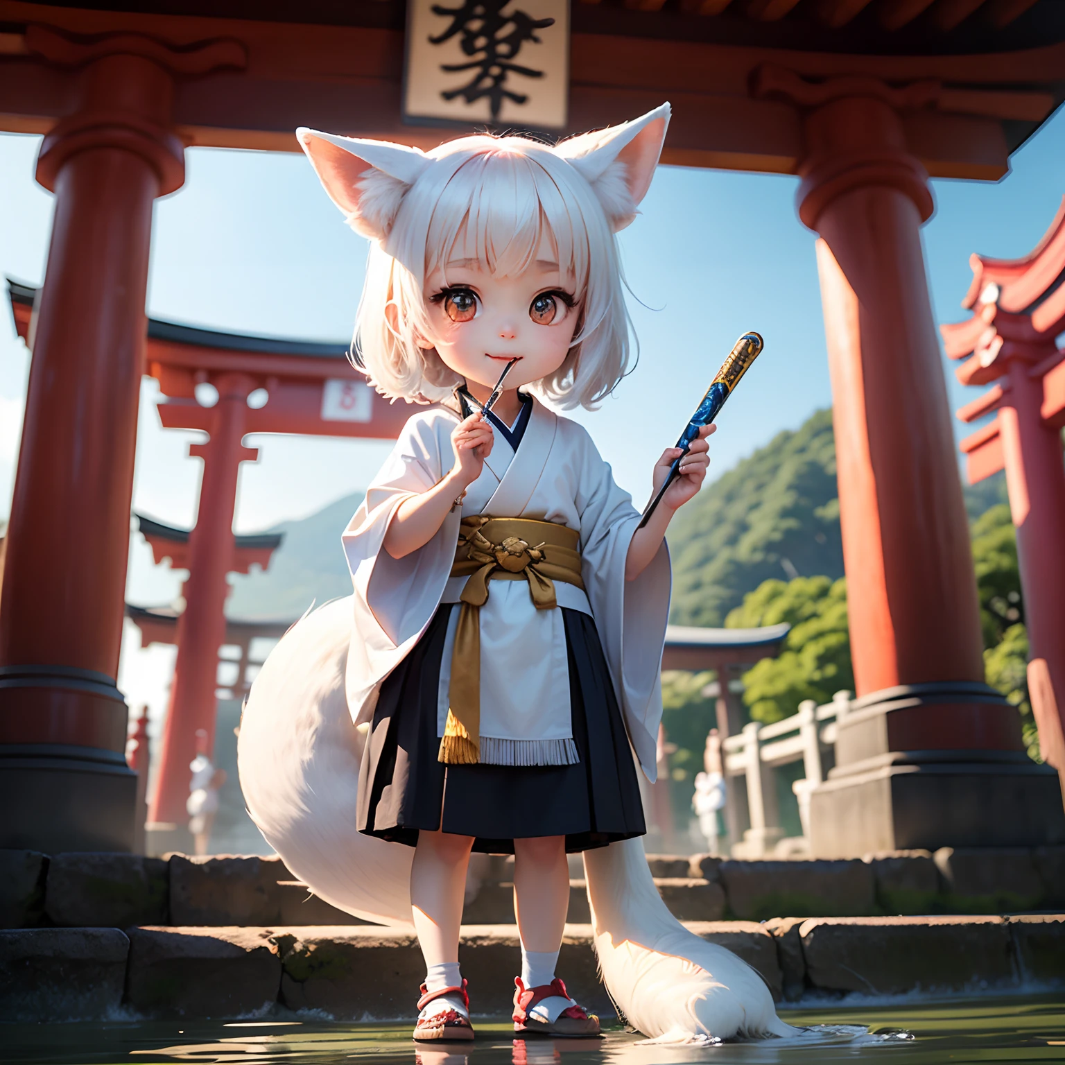 masterpiece、top-quality、ultra-detailliert、(Chibi White Fox's Daughter:1.2)、独奏、wraith、Cosplay、Holding a richly decorated baton with jewels in his hands、Open your mouth and smile、Standing、Torii gate of Itsukushima Shrine on the lakeside、