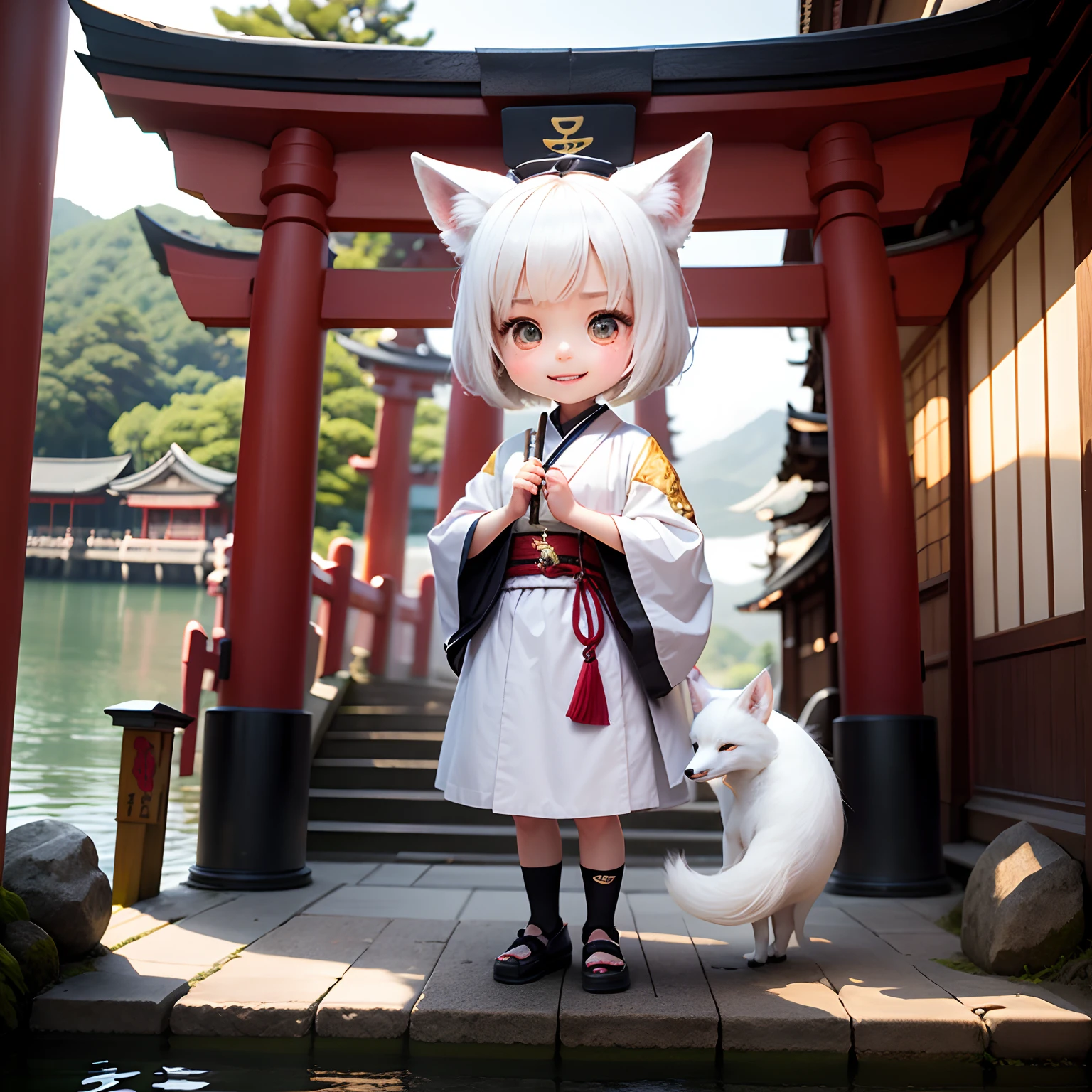 masterpiece、top-quality、ultra-detailliert、(Chibi White Fox's Daughter:1.2)、独奏、wraith、Cosplay、Holding a richly decorated baton with jewels in his hands、Open your mouth and smile、Standing、Torii gate of Itsukushima Shrine on the lakeside、