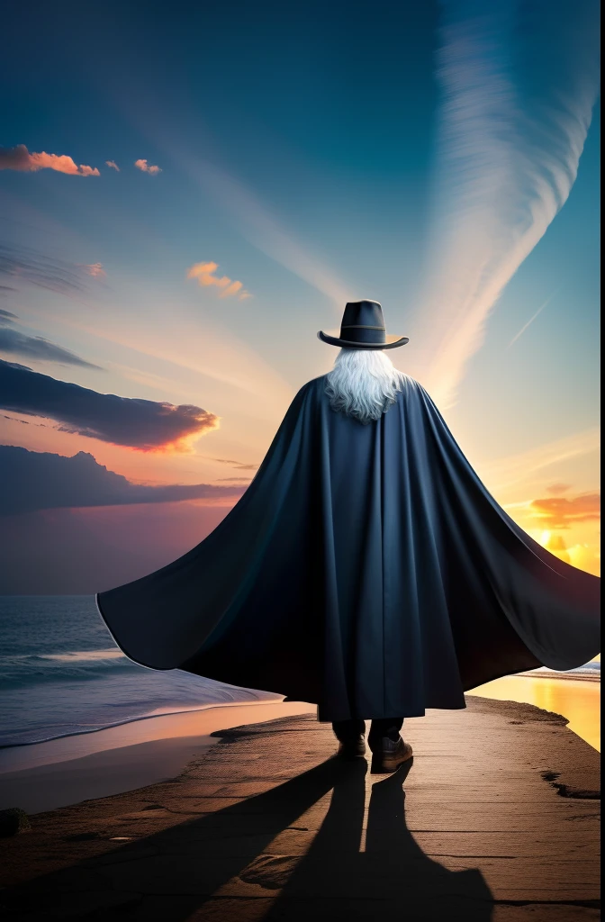 Man on his back with a wizard's cape and hat Long, white hair, imagem na penumbra (obra-prima) (8k high resolution) (melhor qualidade) (Ultra Definition) (Ultra realista)(Foto RAW) (Foto realista) (bright illumination) --auto