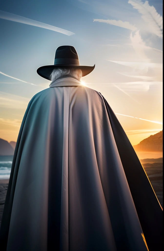 Man on his back with a wizard's cape and hat Long, white hair, imagem na penumbra (obra-prima) (8k high resolution) (melhor qualidade) (Ultra Definition) (Ultra realista)(Foto RAW) (Foto realista) (bright illumination) --auto