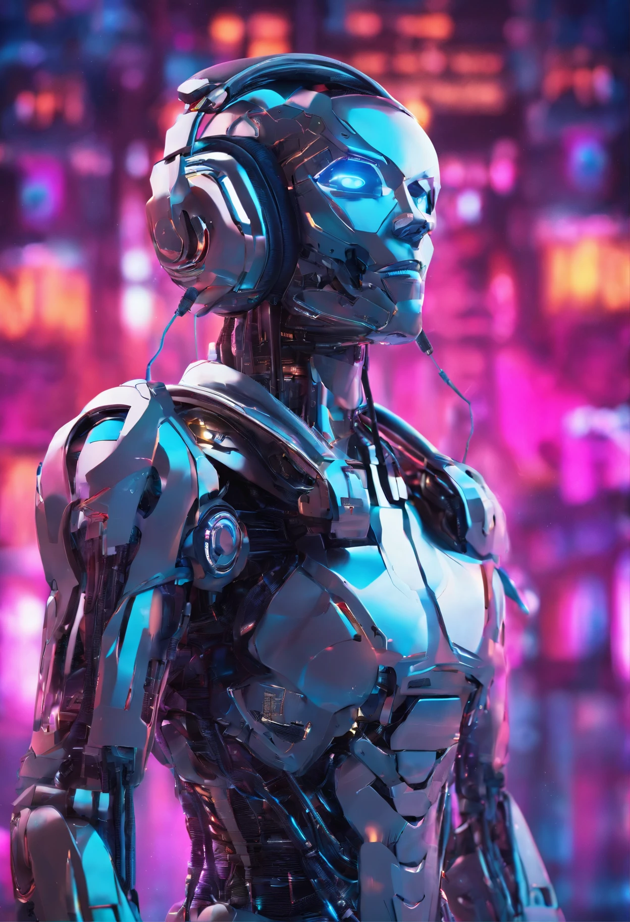 A close up of a robot with headphones on in a city - SeaArt AI