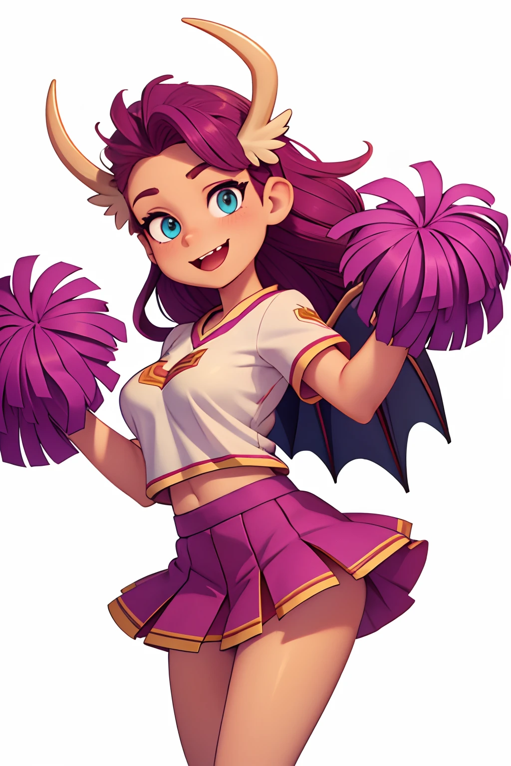 dragon, purple hair, (Beige dragon horns), Cyan eyes, scale, paws with claws, Orange spread wings, orange ponytail with purple hair at the tip, anthro, Average Breasts, Hairstyle high, dragon head, naked body, stadium, Upskirt, topic, Cheerleading, Support group,