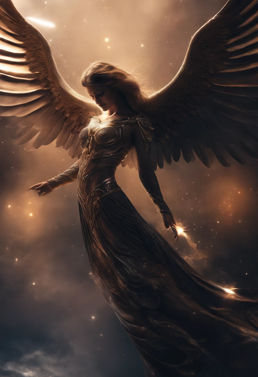 cosmic fallen angel, olhos claros brilhantes, Biomechanicals, estranho, assustador, Pesadelo, cores muito brilhantes, light particles, com luz brilhante, Mshiff, Arte do papel de parede, Papel de parede UHD