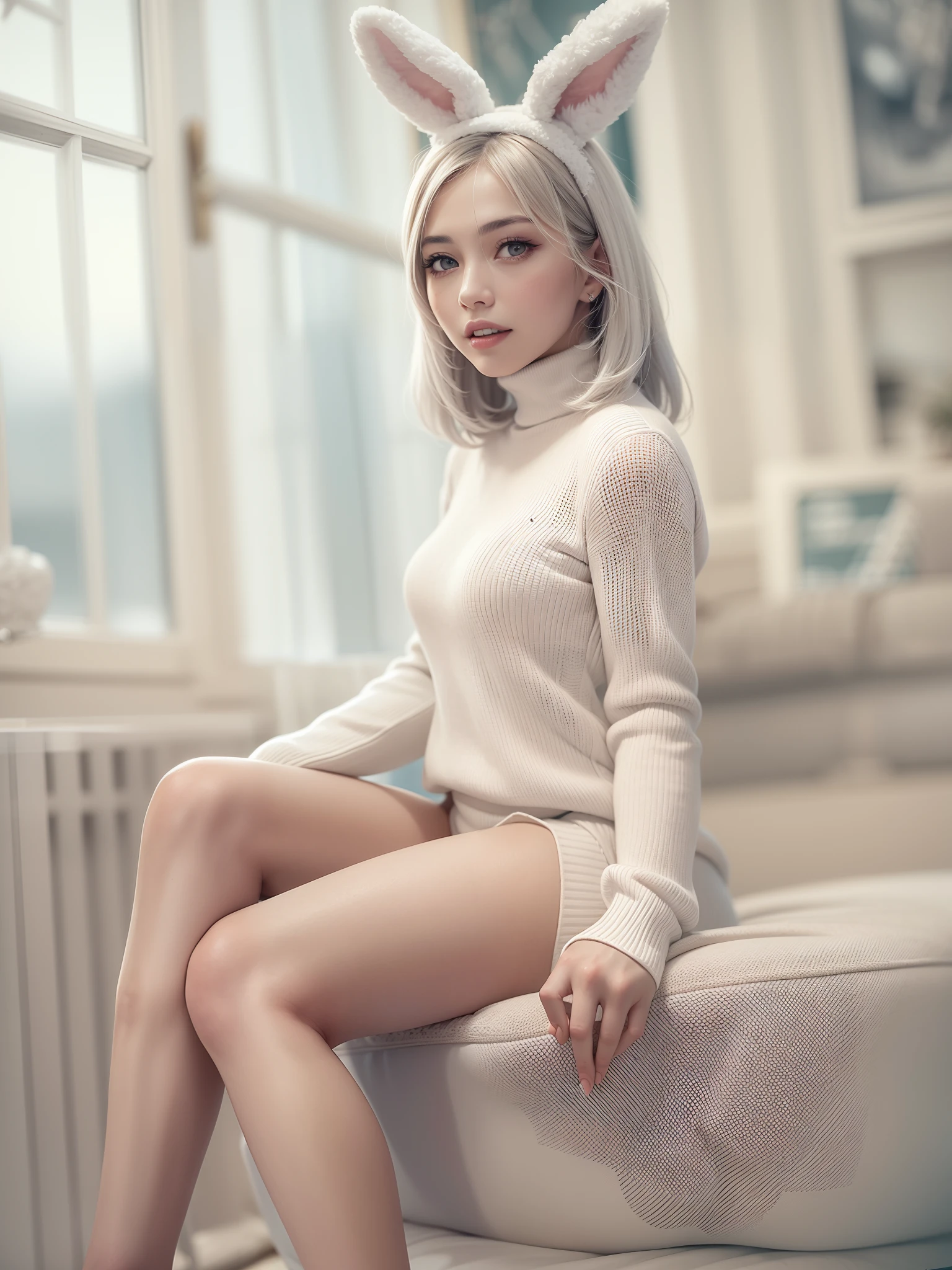 A stylish photo that exudes glamour, with snow-white hair and bunny ears. With a slender waist and hips, a pair of beautiful legs, her perfect figure set off her fair skin in a turtleneck sweater. The scene is set in room , full of femininity. The girl has an infectious smile, captivating eyes, and a sensual expression that complements her (natural fullness: 1.5) and (full buttocks) for a truly captivating photo, masterpiece, best quality, 32k
