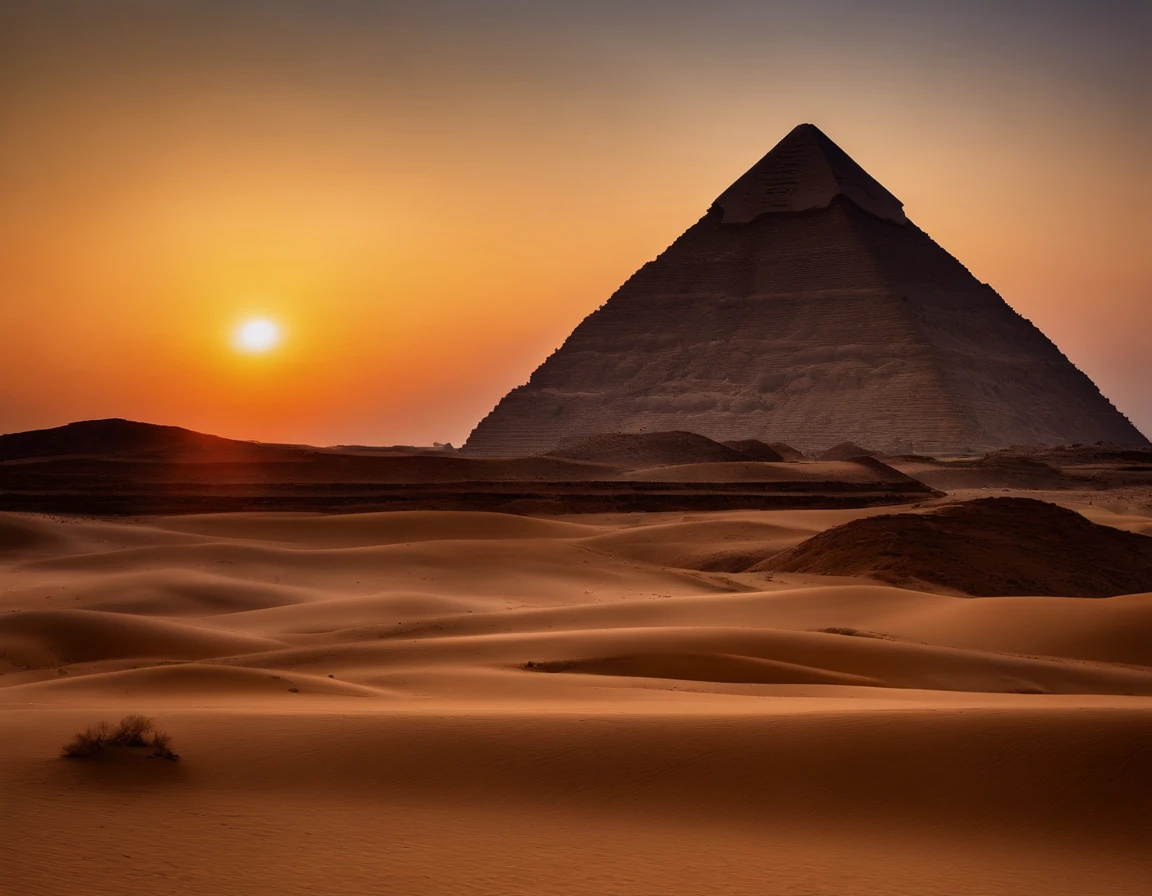 An extremely beautiful photo of the Great Pyramids in Gize Egypt, by the desert, sunset, candle lights on, dramatic lighting, laser lights, magnificent aura, amazing views, stunning skies, spectacular full moon, ethereal environment.