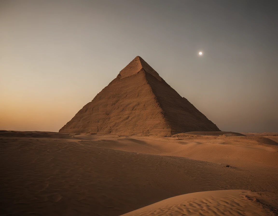 An extremely beautiful photo of the Great Pyramids in Gize Egypt, by the desert, sunset, candle lights on, dramatic lighting, laser lights, magnificent aura, amazing views, stunning skies, spectacular full moon, ethereal environment.