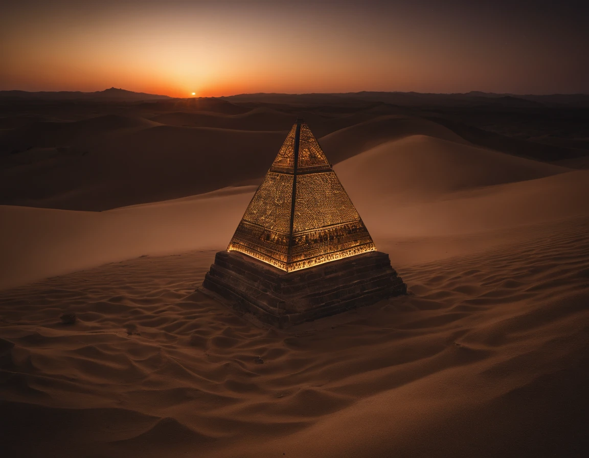 An extremely beautiful photo of the Great Pyramids in Gize Egypt, by the desert, sunset, candle lights on, dramatic lighting, laser lights, magnificent aura, amazing views, stunning skies, spectacular full moon, ethereal environment.