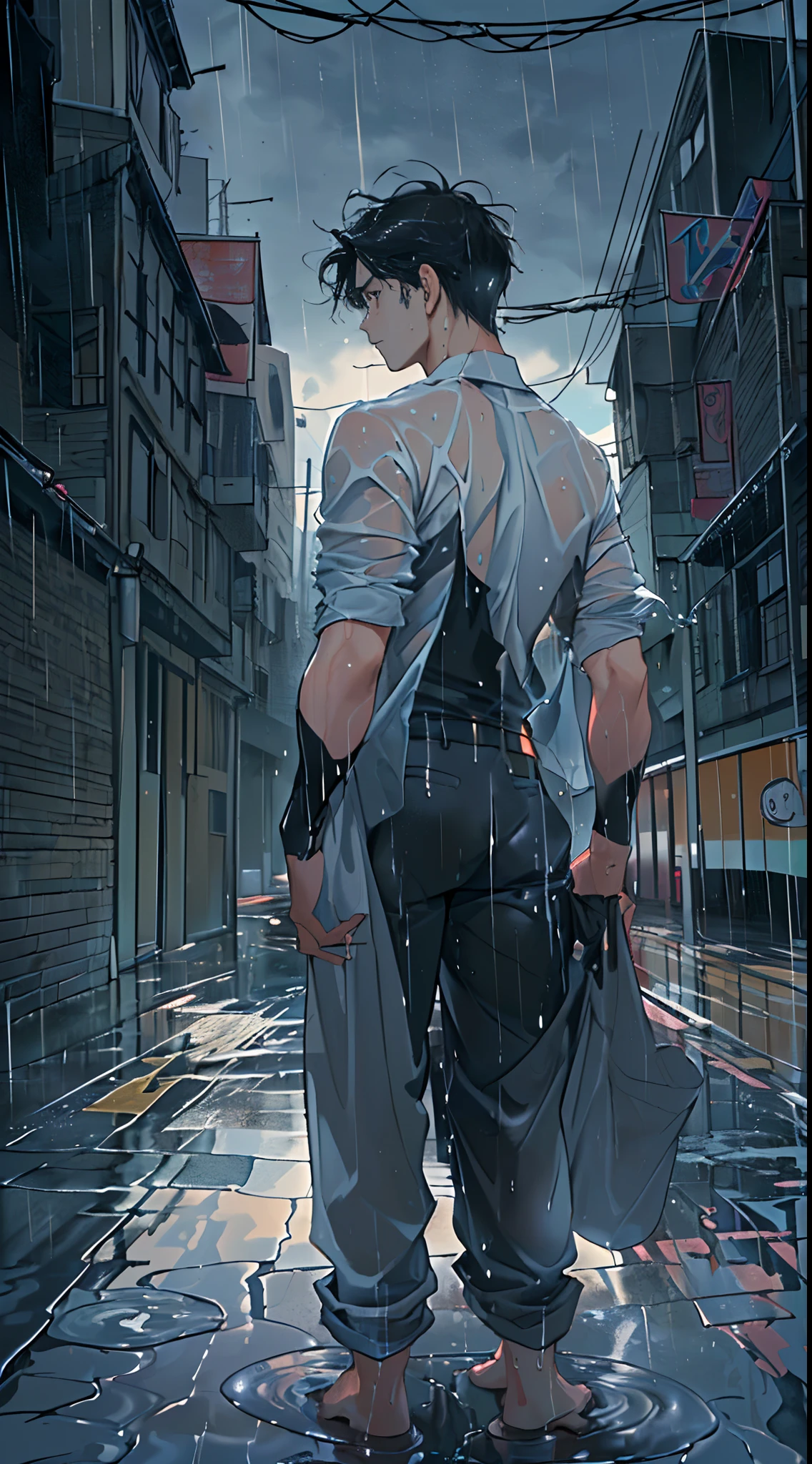 ((((Masterpiece, hiquality, absurdress), ((1male)), black hair, straight hair, Short Hair Hair, gray eyes, a perfect face, sports body , ((Best Quality)), ((Masterpiece)), (Detailed:1.4), Detailed eyes and face, in the rain, A wet shirt sticks to the body, wet pants, wet hair, Stand barefoot in a puddle, Black Sky, lightning all over the sky, It's raining heavily, The city, Street, The road is covered with puddles, Look at the sky, Admire the lightning,