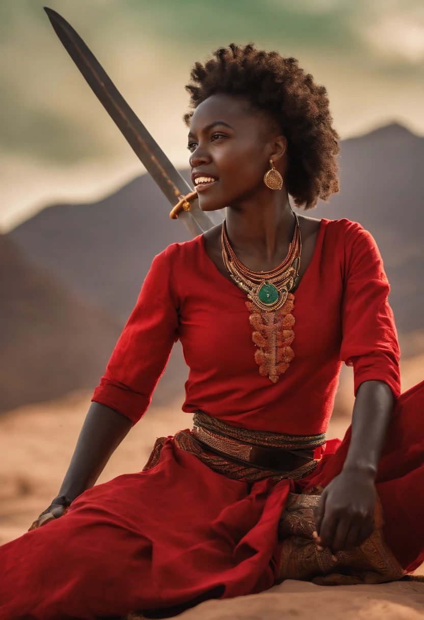 (Young African Warrior Girl Seated on Red Top, Jupe verte, holding two swords, clenched teeth) combat (homme Africain, barbe noir, frizzy hair, Two swords, cheval noir,