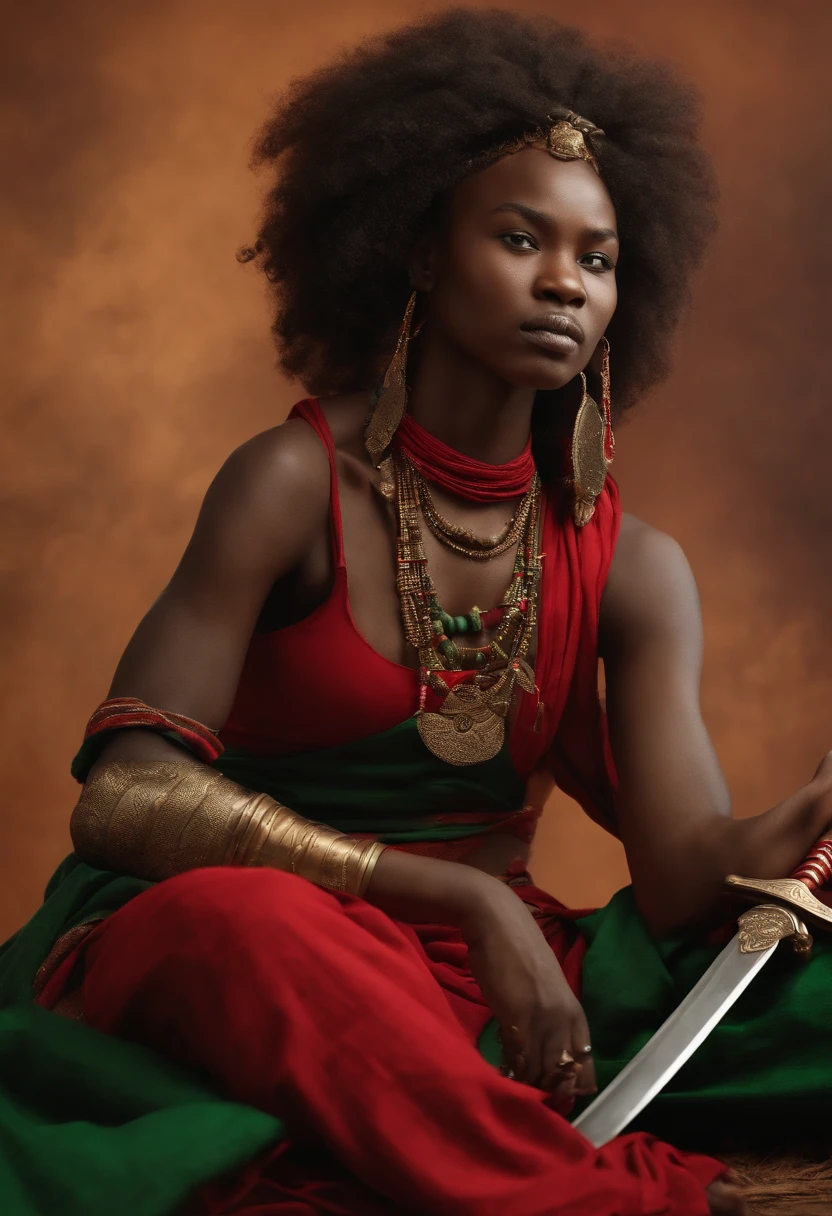 (Young African Warrior Girl Seated on Red Top, Jupe verte, holding two swords, clenched teeth) combat (homme Africain, barbe ????, frizzy hair, Two swords, cheval ????,
