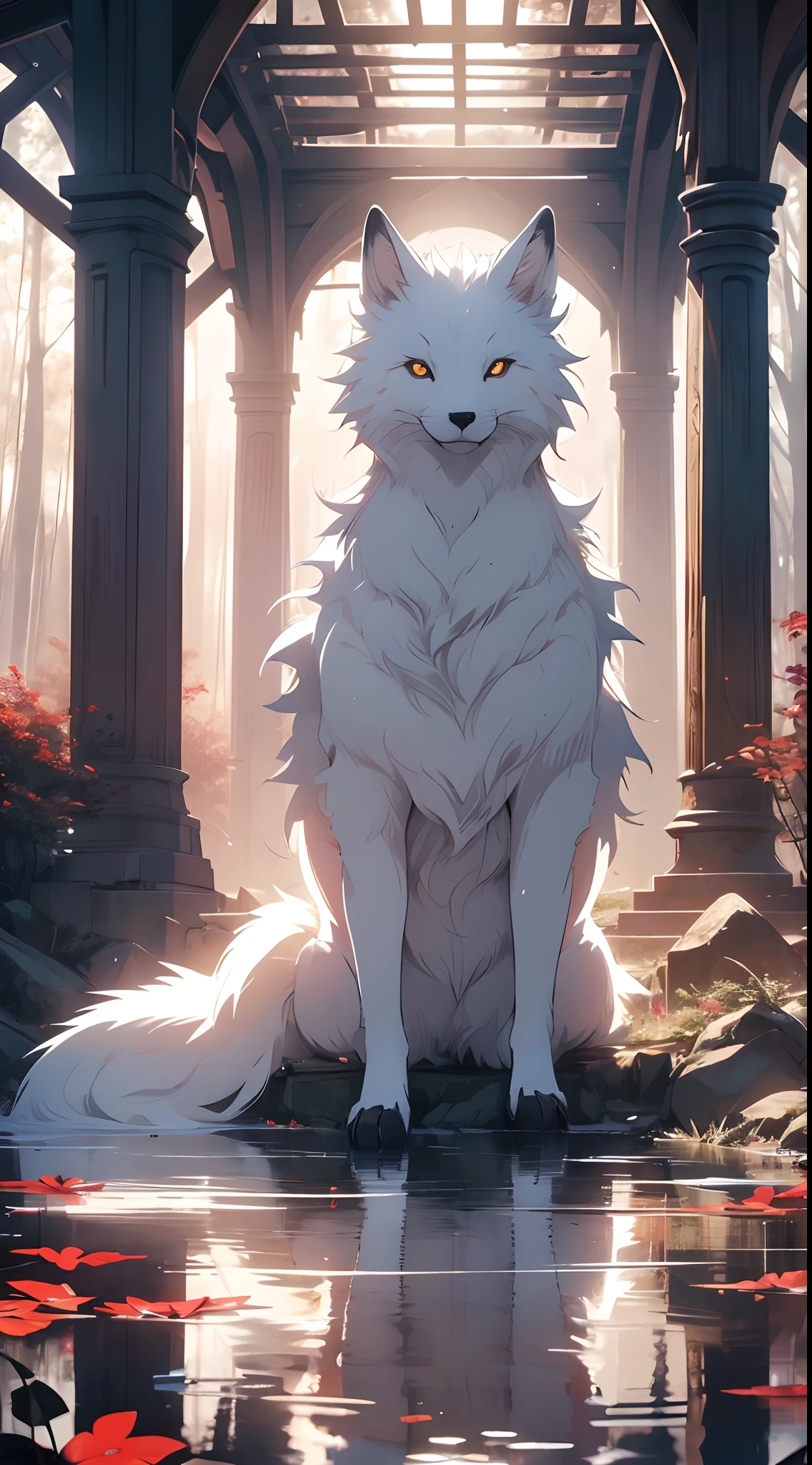 (masterpiece), best quality, a gorgeous white fox in a dark florest, river, red leafs,  snow, cold, reflection, trees,  muss, leafs, fog, mediaval fantasy, dark fantasy style, beautiful , four paws, 4k, intricate, detailed, epic, gorgeous, ultrarealistic, amazing view, breath taking view, contrast, white and red, artistic

BREAK a white fox in the  edge of a river, the image transmit and dangerous vibe, a beautiful creature, the trees had read leafs,