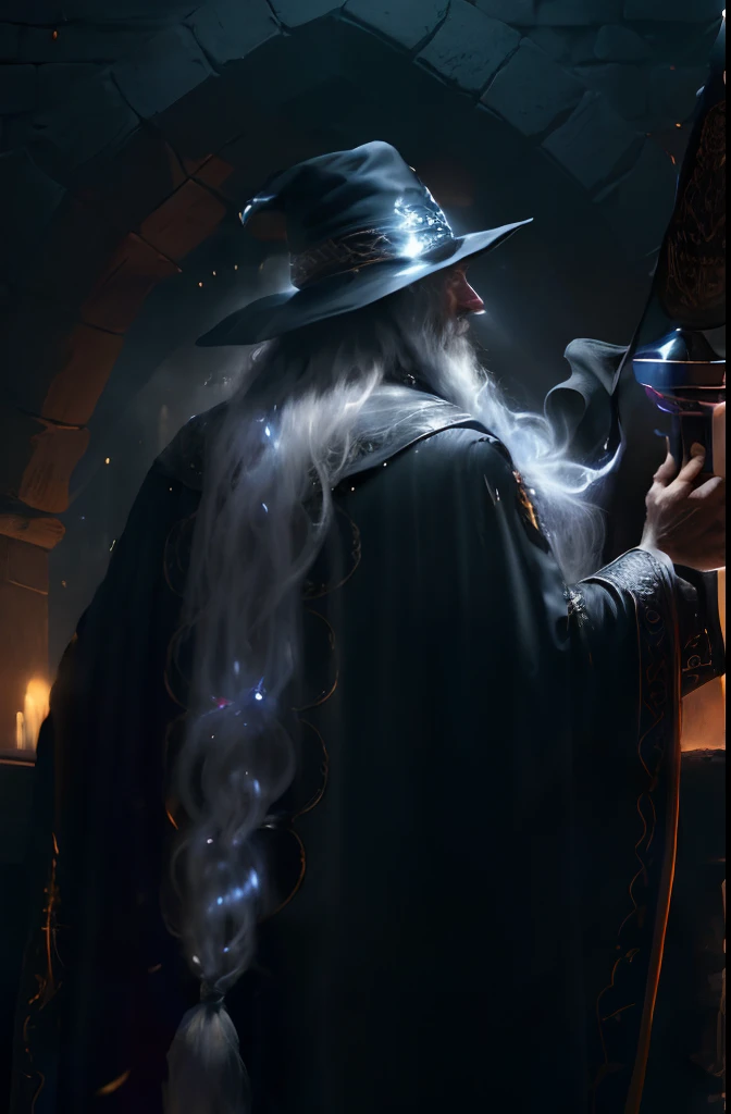 homem, the night on his back with a cloak and wizard's hat, long white hair, imagem na penumbra (obra-prima) (8k high resolution) (melhor qualidade) (Ultra Definition) (Ultra realista)(Foto RAW) (Foto realista) (bright illumination) --auto