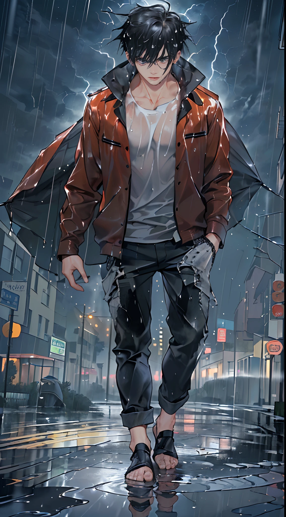 ((((Masterpiece, hiquality, absurdress), ((1male)), black hair, straight hair, Short Hair Hair, gray eyes, a perfect face, sports body , ((Best Quality)), ((Masterpiece)), (Detailed:1.4), Detailed eyes and face,   in the rain, A wet shirt sticks to the body, wet pants, wet hair, Stand barefoot in a puddle, Black Sky, lightning all over the sky, It's raining heavily, The city, Street, The road is covered with puddles, Look at the sky, Admire the lightning,