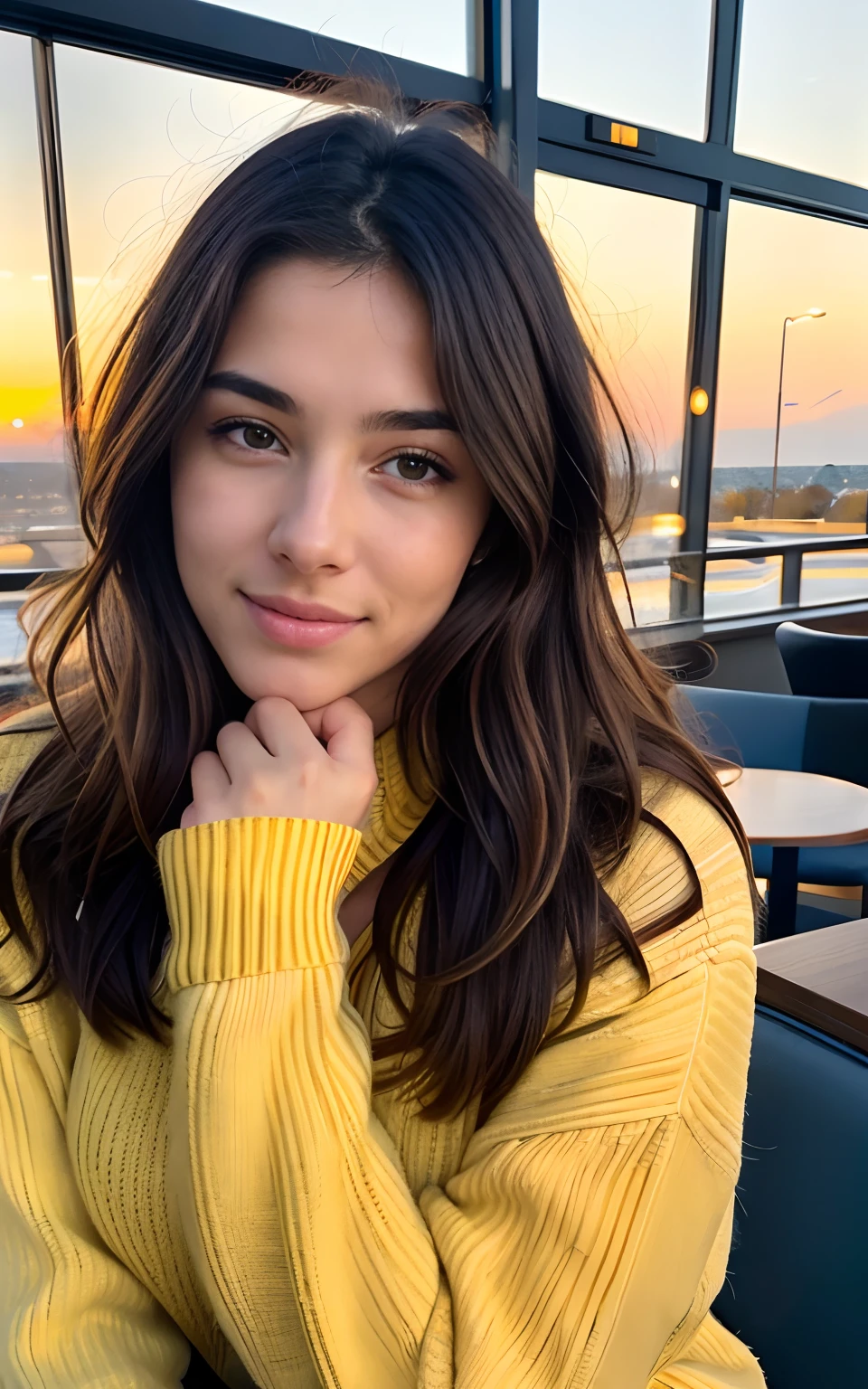 beautiful brunette wearing yellow sweater (sipping coffee inside a modern café at sunset), very detailed, 21 years old, innocent face, natural wavy hair, brown eyes, high resolution, masterpiece, best quality, intricate details, highly detailed, sharp focus, detailed skin, realistic skin texture, texture, detailed eyes, professional, 4k, charming smile, shot on Canon, 85mm, shallow depth of field, kodak vision color, perfect fit body, extremely detailed, foto_\(ultra\), photorealistic, realistic, post-processing, maximum detail, roughness, real life, ultra realistic, photorealism, photography, 8k uhd, photography