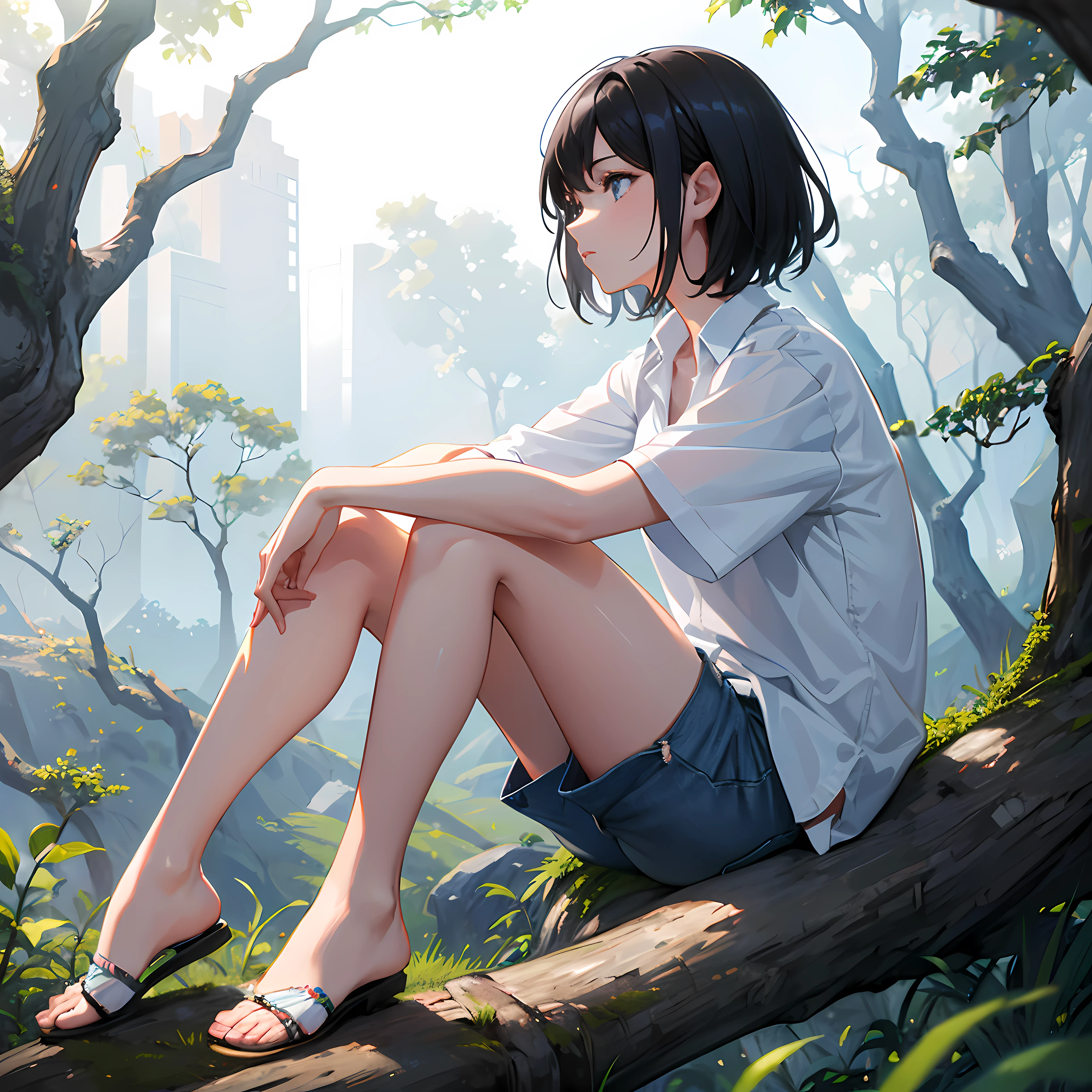 Young woman from the city, Short black hair sitting at the foot of a tree in the forest, She's looking at the horizon, She wears a white shirt and light blue jeans shorts.. We see her profile in the distance