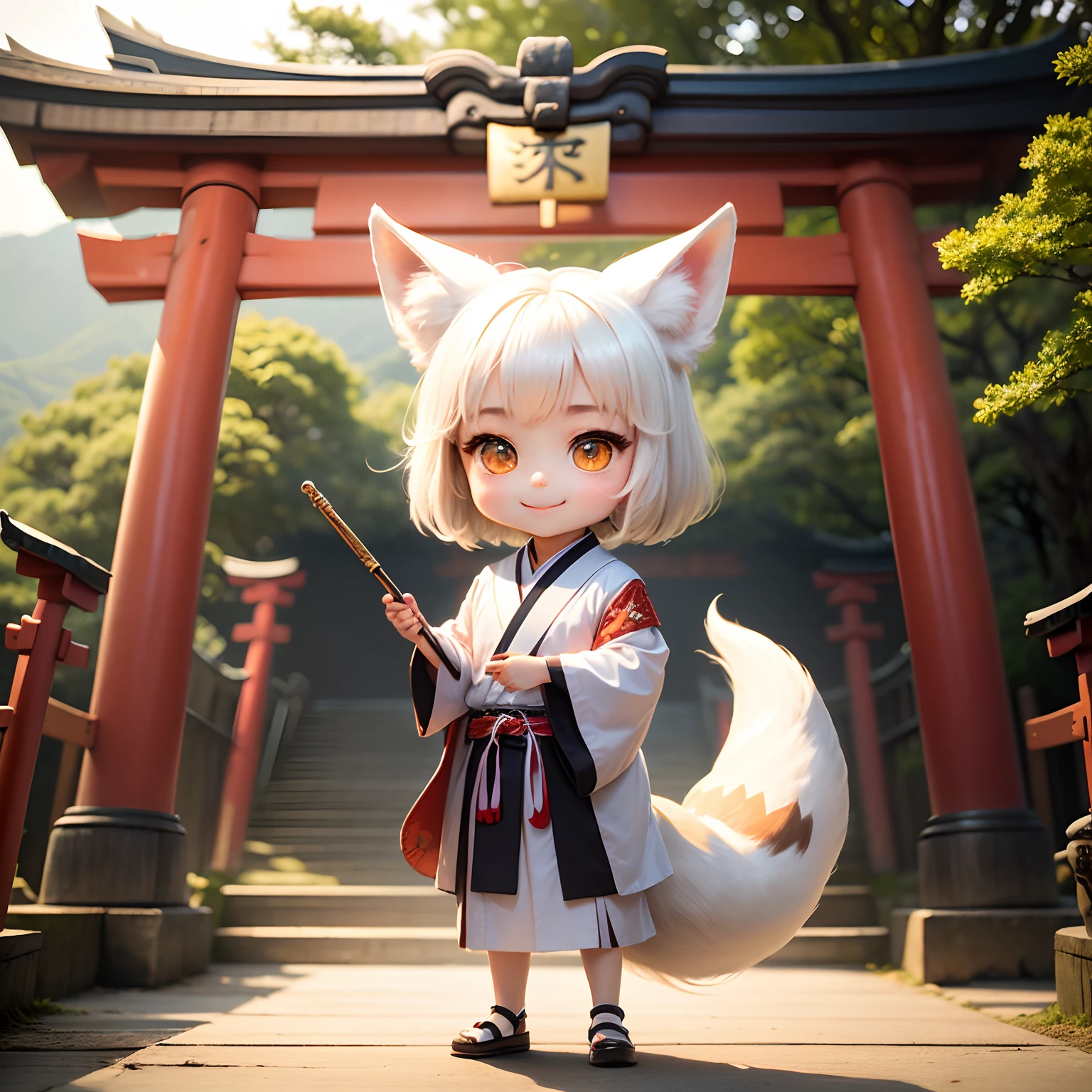 ​masterpiece、top-quality、ultra-detailliert、(Chibi White Fox's Daughter:1.2)、独奏、Renaissance sopravement cosplay、Holding a richly decorated baton with jewels in his hands、Open your mouth and smile、Standing、Torii gate of Itsukushima Shrine on the lakeside、
