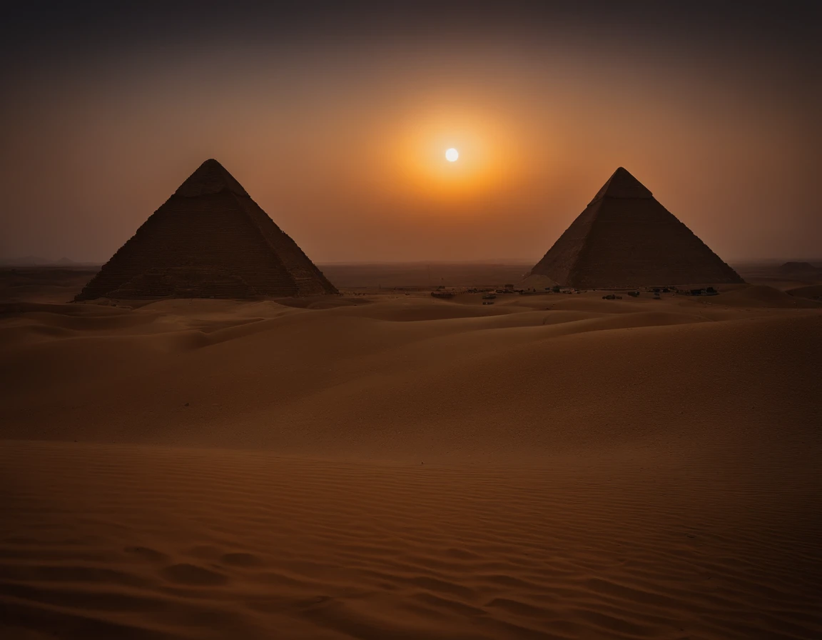 An extremely beautiful photo of the Great Pyramids in Gize Egypt, by the desert, sunset, candle lights on, dramatic lighting, laser lights, magnificent aura, amazing views, stunning skies, spectacular full moon, ethereal environment.